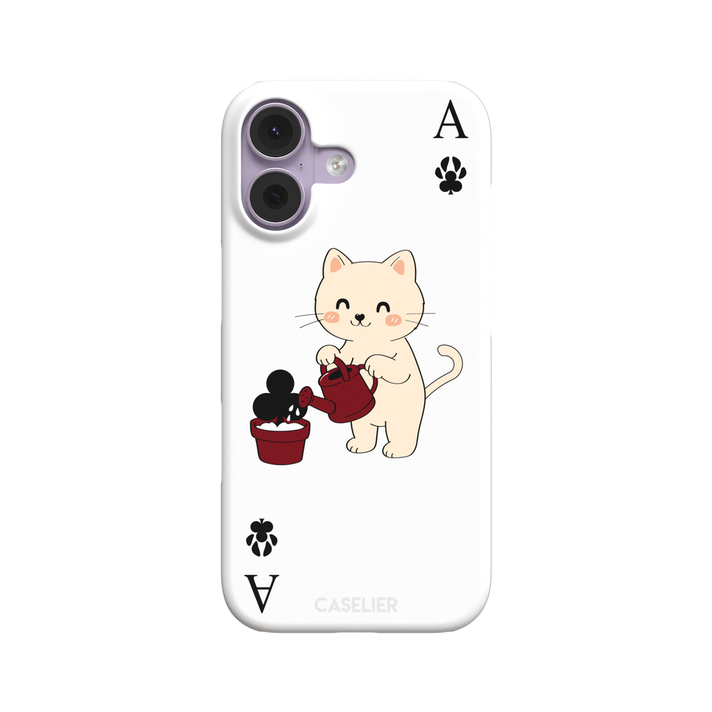 Ace of Clubs phone case in white featuring a kawaii kitten watering a clubs-suit plant with paw print card symbols, phone case by Caselier — snap case, front view