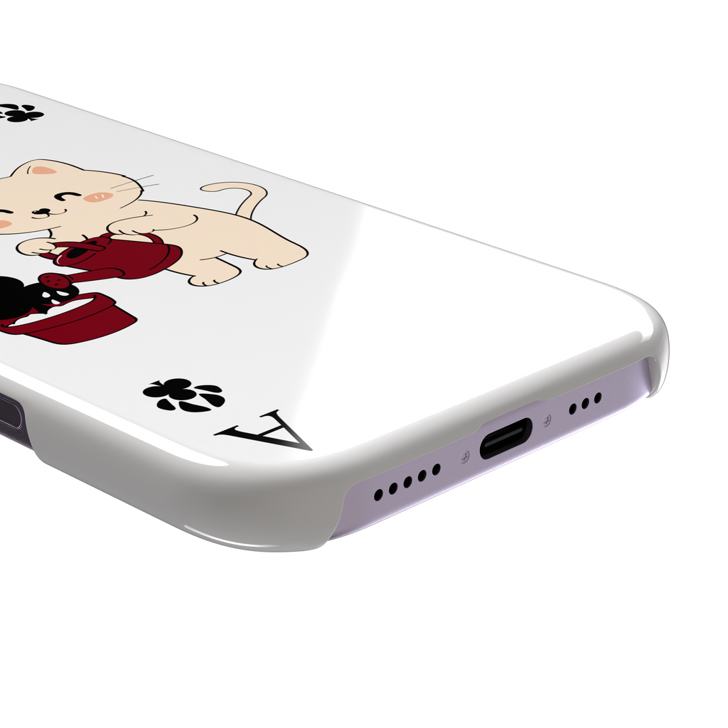 Ace of Clubs phone case in white featuring a kawaii kitten watering a clubs-suit plant with paw print card symbols, phone case by Caselier — snap case, charging port detail