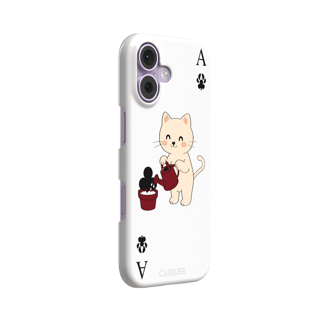 Ace of Clubs phone case in white featuring a kawaii kitten watering a clubs-suit plant with paw print card symbols, phone case by Caselier — snap case, left view