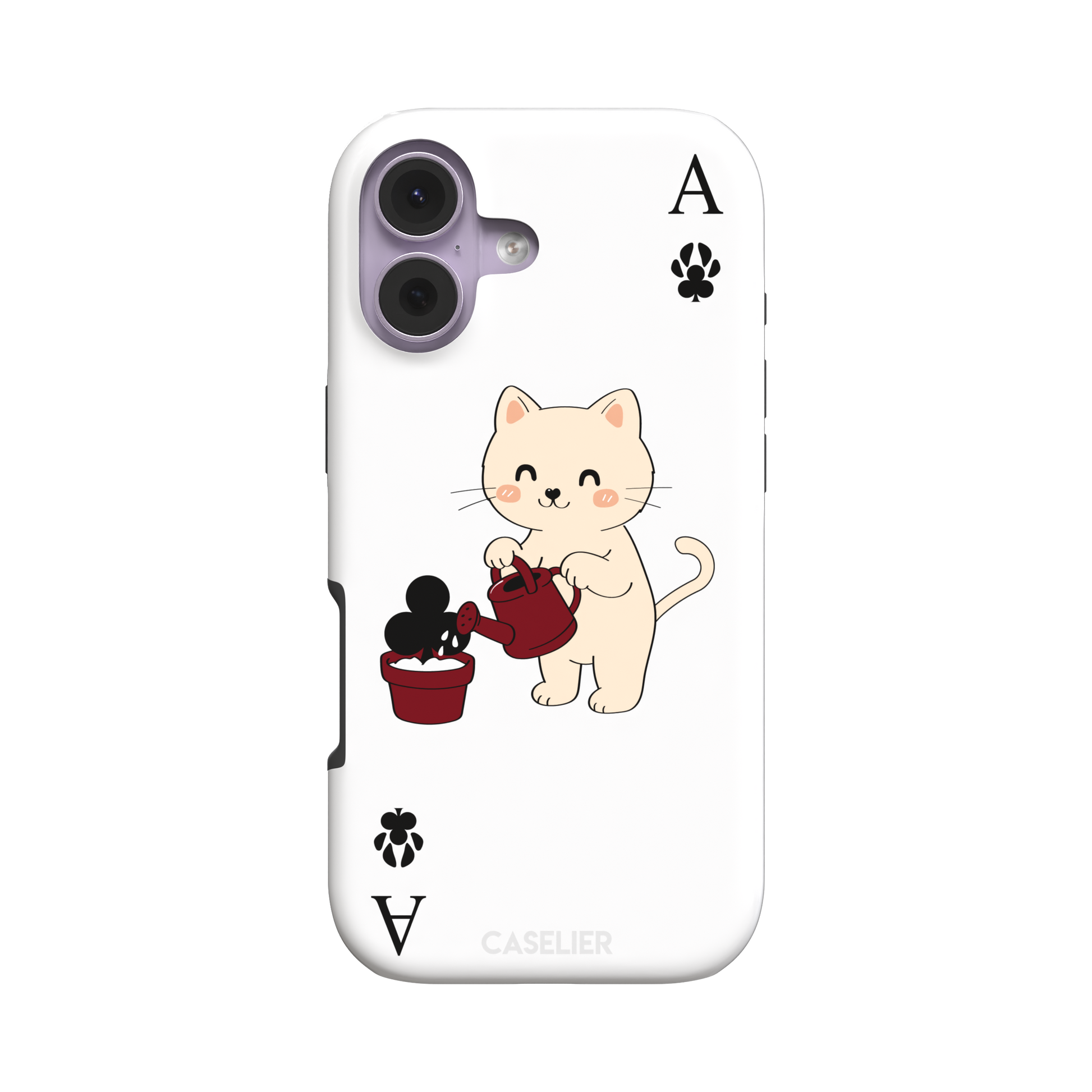 Ace of Clubs phone case in white featuring a kawaii kitten watering a clubs-suit plant with paw print card symbols, phone case by Caselier — tough case, front view