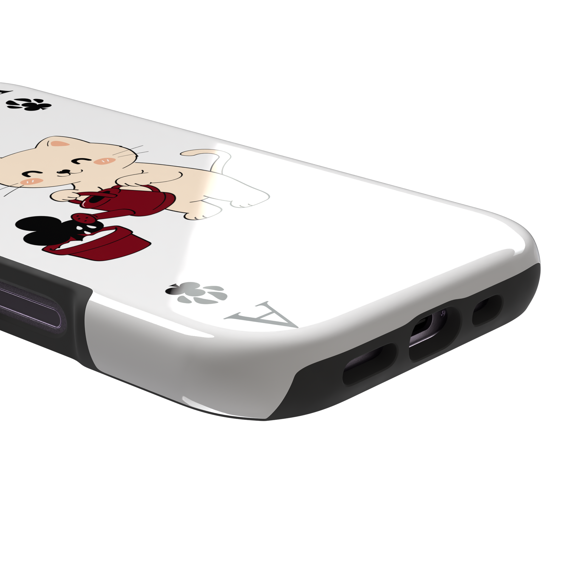 Ace of Clubs phone case in white featuring a kawaii kitten watering a clubs-suit plant with paw print card symbols, phone case by Caselier — tough case, charging port detail