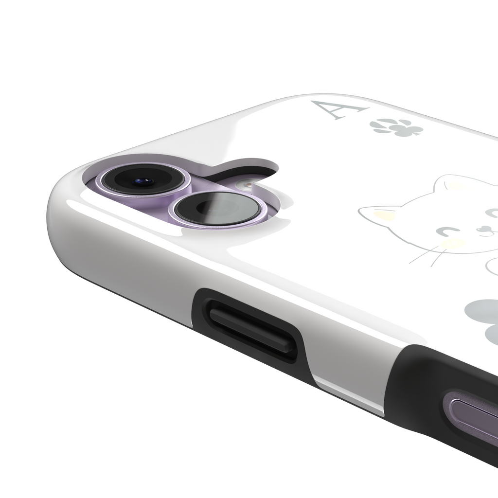 Ace of Clubs phone case in white featuring a kawaii kitten watering a clubs-suit plant with paw print card symbols, phone case by Caselier — tough case, volume buttons detail