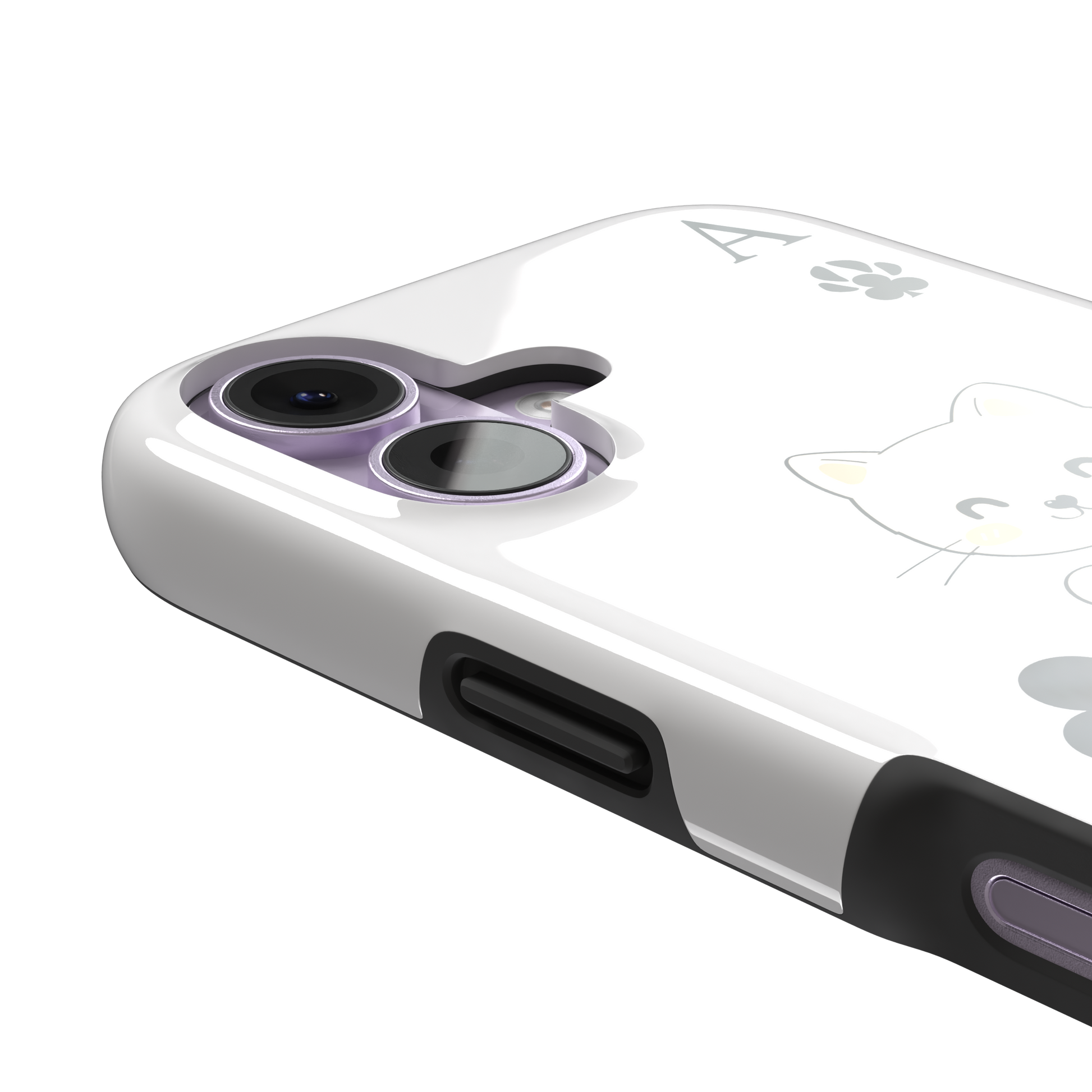 Ace of Clubs phone case in white featuring a kawaii kitten watering a clubs-suit plant with paw print card symbols, phone case by Caselier — tough case, volume buttons detail