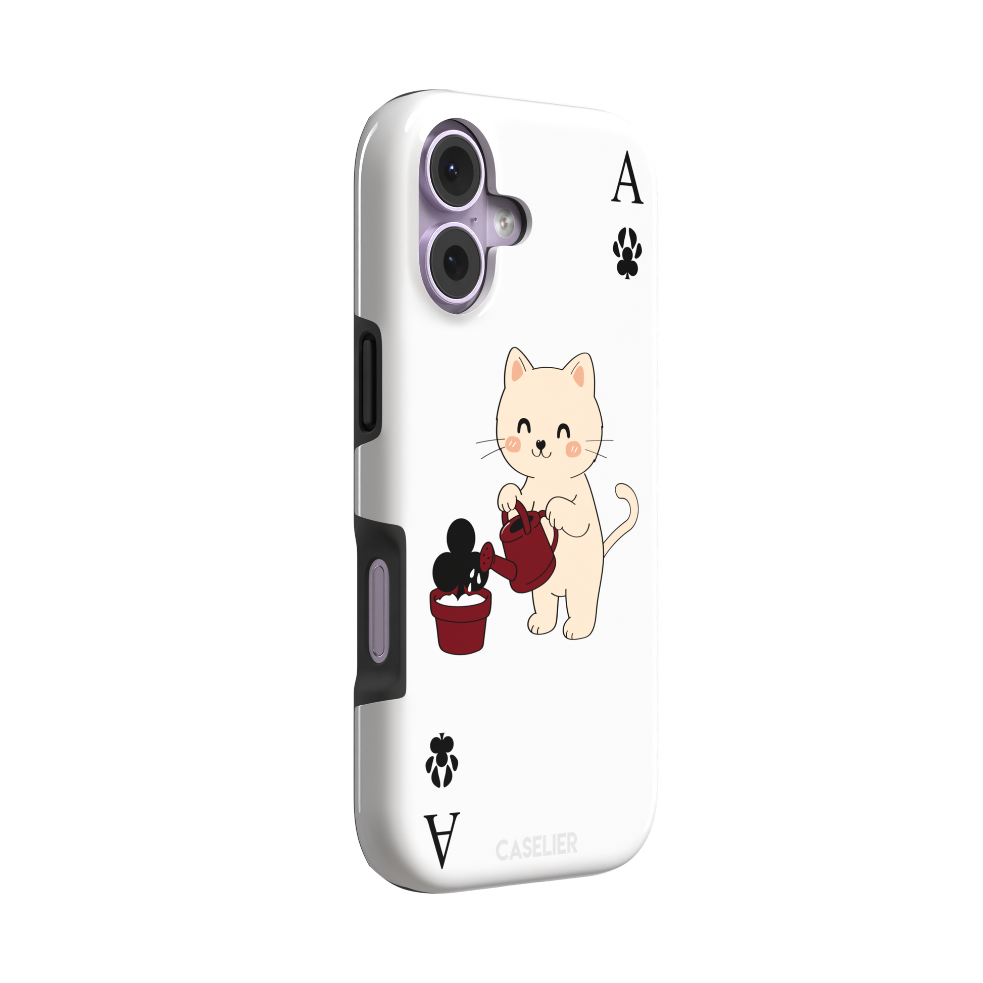 Ace of Clubs phone case in white featuring a kawaii kitten watering a clubs-suit plant with paw print card symbols, phone case by Caselier — tough case, left view