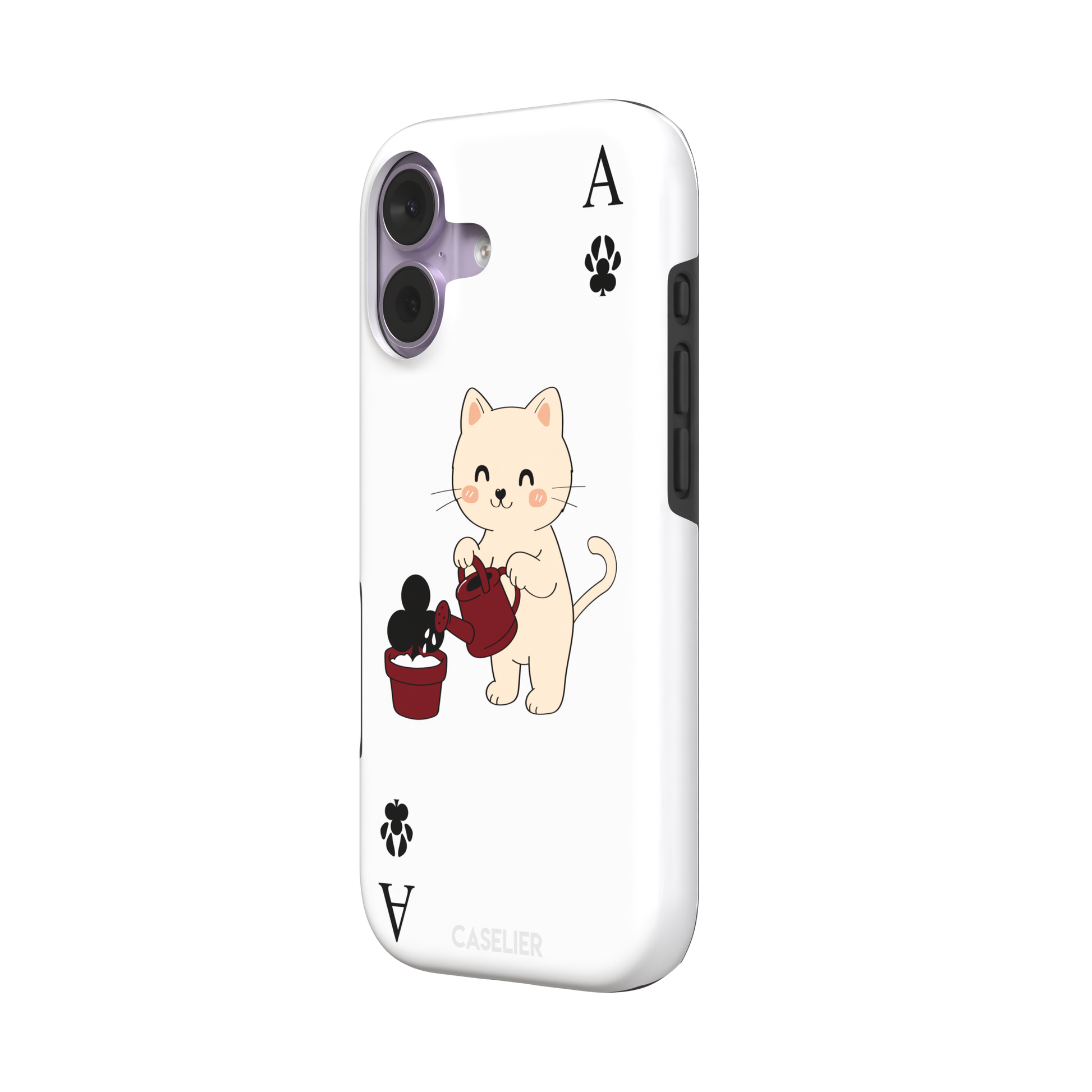 Ace of Clubs phone case in white featuring a kawaii kitten watering a clubs-suit plant with paw print card symbols, phone case by Caselier — tough case, right view