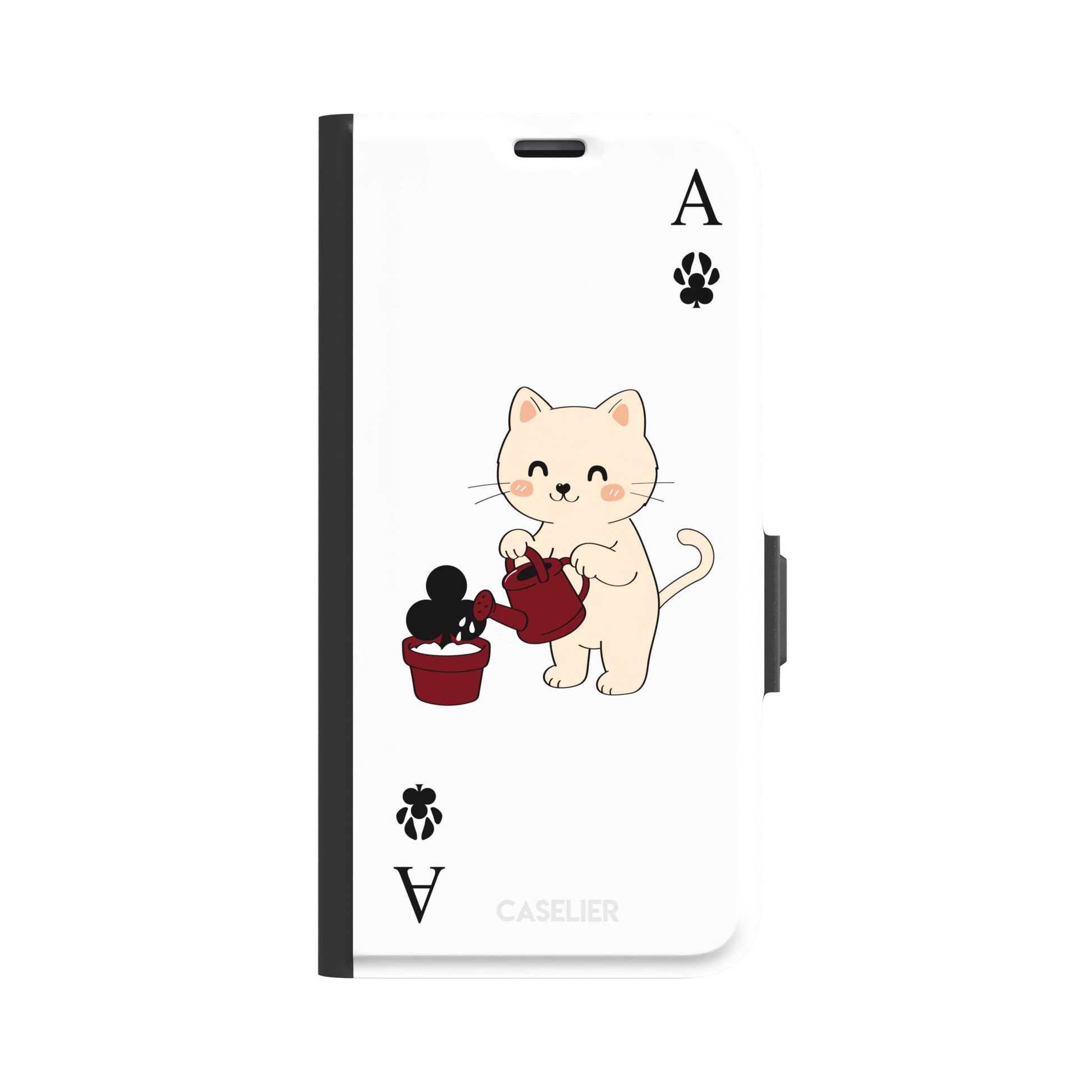 Ace of Clubs phone case in white featuring a kawaii kitten watering a clubs-suit plant with paw print card symbols, phone case by Caselier — wallet case, front view