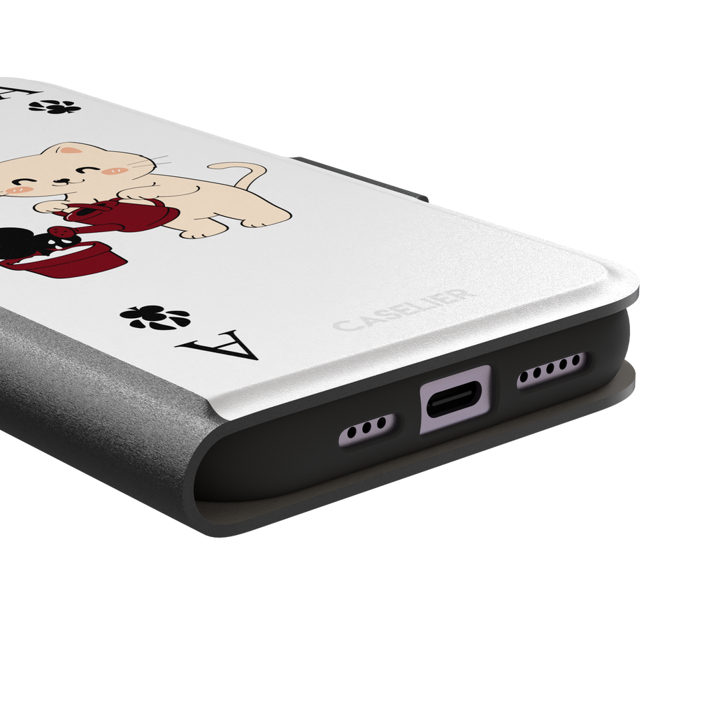 Ace of Clubs phone case in white featuring a kawaii kitten watering a clubs-suit plant with paw print card symbols, phone case by Caselier — wallet case, charging port detail