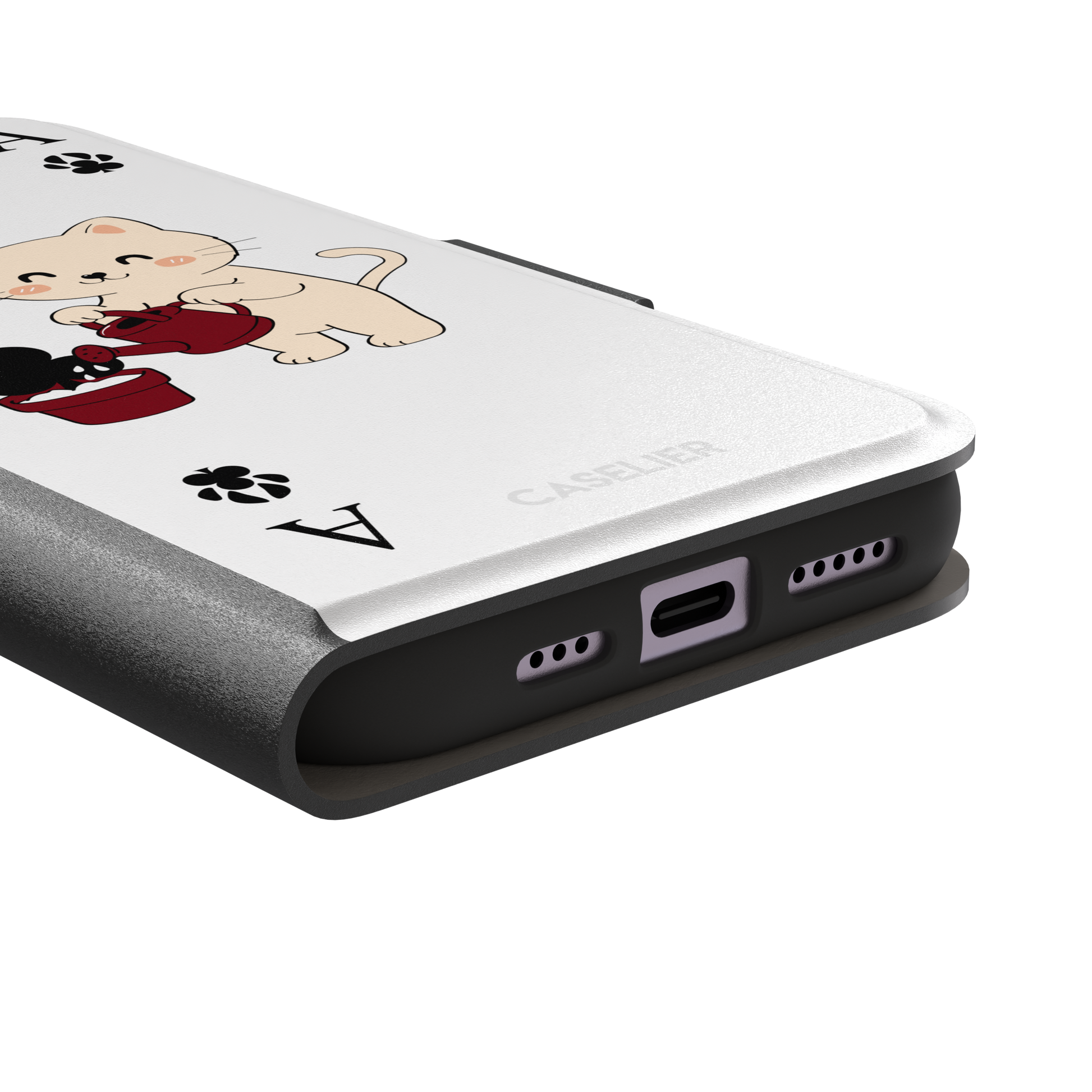 Ace of Clubs phone case in white featuring a kawaii kitten watering a clubs-suit plant with paw print card symbols, phone case by Caselier — wallet case, charging port detail