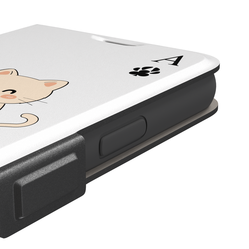 Ace of Clubs phone case in white featuring a kawaii kitten watering a clubs-suit plant with paw print card symbols, phone case by Caselier — wallet case, volume buttons detail