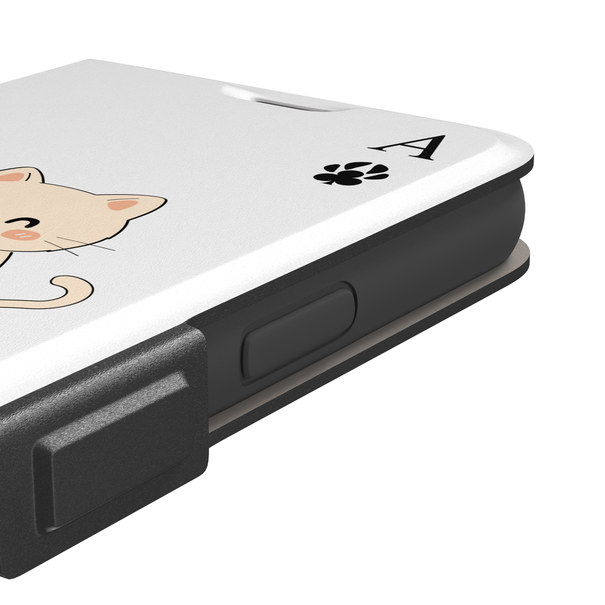 Ace of Clubs phone case in white featuring a kawaii kitten watering a clubs-suit plant with paw print card symbols, phone case by Caselier — wallet case, volume buttons detail