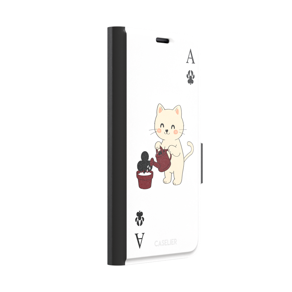 Ace of Clubs phone case in white featuring a kawaii kitten watering a clubs-suit plant with paw print card symbols, phone case by Caselier — wallet case, left view