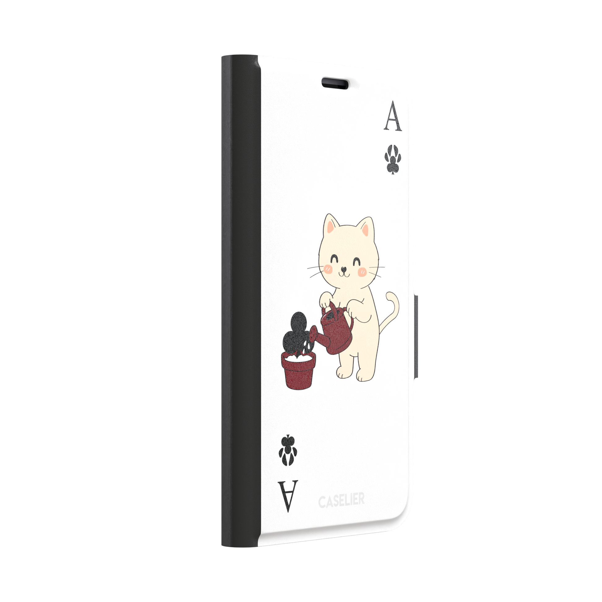 Ace of Clubs phone case in white featuring a kawaii kitten watering a clubs-suit plant with paw print card symbols, phone case by Caselier — wallet case, left view