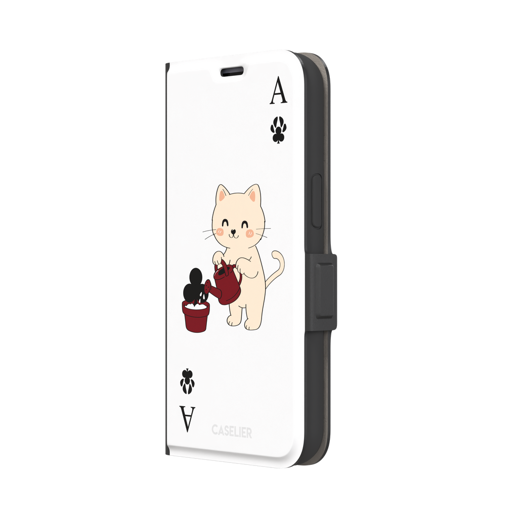Ace of Clubs phone case in white featuring a kawaii kitten watering a clubs-suit plant with paw print card symbols, phone case by Caselier — wallet case, right view