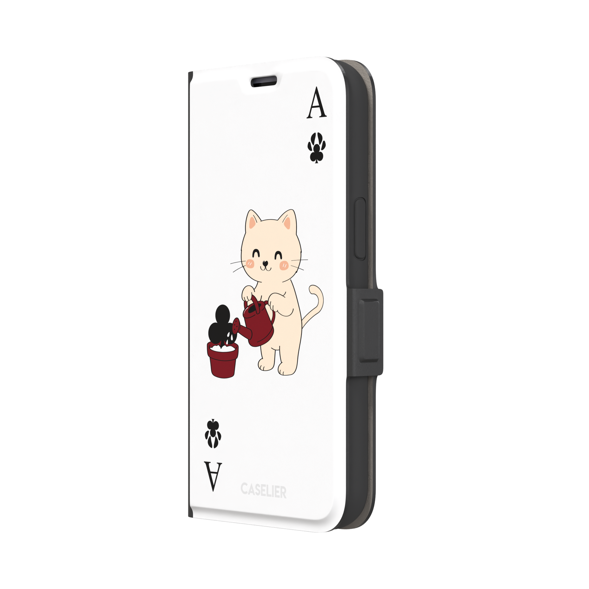 Ace of Clubs phone case in white featuring a kawaii kitten watering a clubs-suit plant with paw print card symbols, phone case by Caselier — wallet case, right view