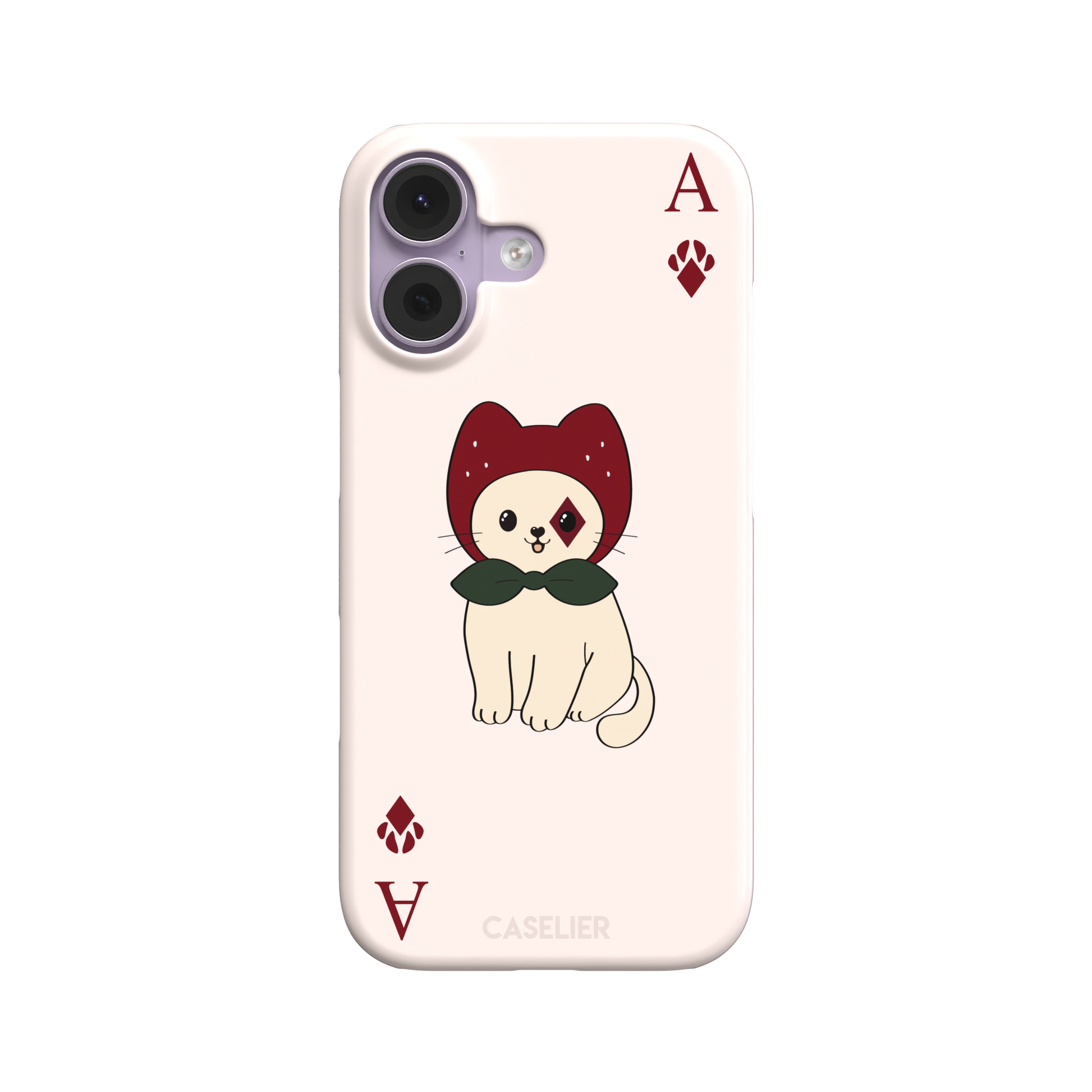 Ace of Diamonds phone case in blush pink with a kawaii cream cat wearing a crimson hood and green bow tie, Ace and paw-print diamond suit symbols at each corner, from the Paw Decks collection — snap case, front view