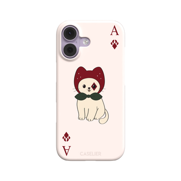 Ace of Diamonds phone case in blush pink with a kawaii cream cat wearing a crimson hood and green bow tie, Ace and paw-print diamond suit symbols at each corner, from the Paw Decks collection — snap case, front view