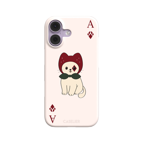 Ace of Diamonds phone case in blush pink with a kawaii cream cat wearing a crimson hood and green bow tie, Ace and paw-print diamond suit symbols at each corner, from the Paw Decks collection — snap case, front view