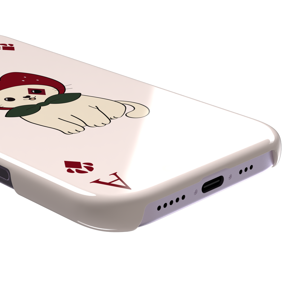 Ace of Diamonds phone case in blush pink with a kawaii cream cat wearing a crimson hood and green bow tie, Ace and paw-print diamond suit symbols at each corner, from the Paw Decks collection — snap case, charging port detail