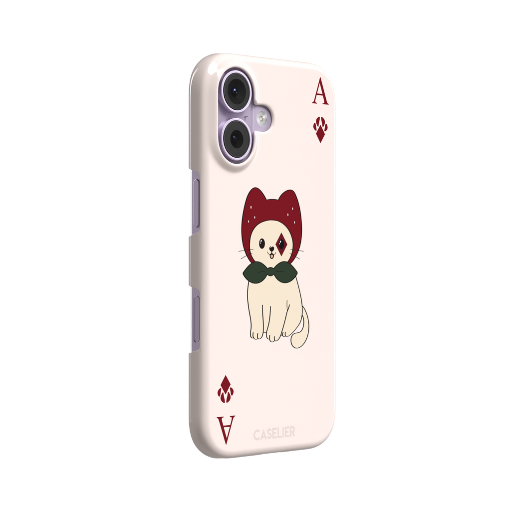 Ace of Diamonds phone case in blush pink with a kawaii cream cat wearing a crimson hood and green bow tie, Ace and paw-print diamond suit symbols at each corner, from the Paw Decks collection — snap case, left view