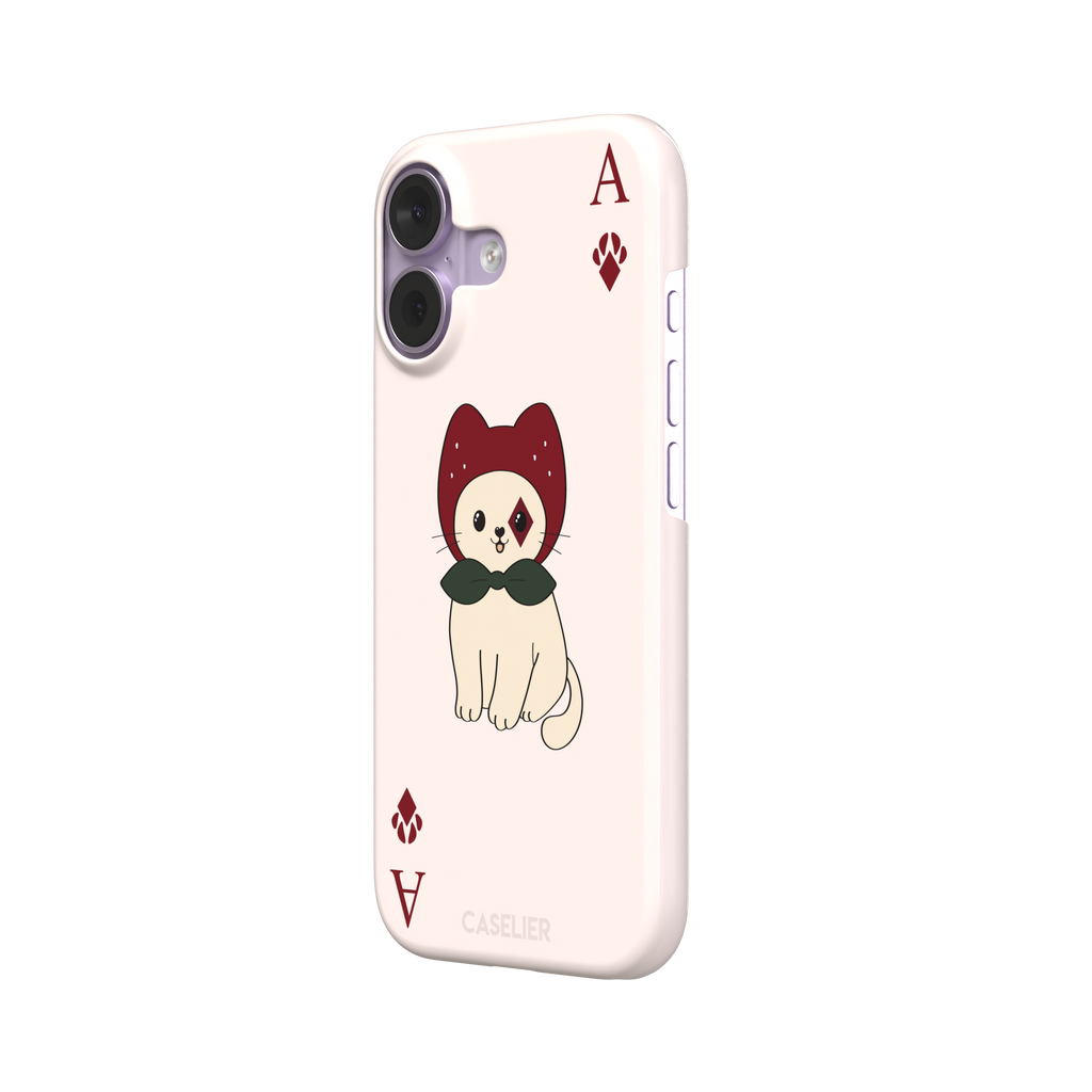 Ace of Diamonds phone case in blush pink with a kawaii cream cat wearing a crimson hood and green bow tie, Ace and paw-print diamond suit symbols at each corner, from the Paw Decks collection — snap case, right view