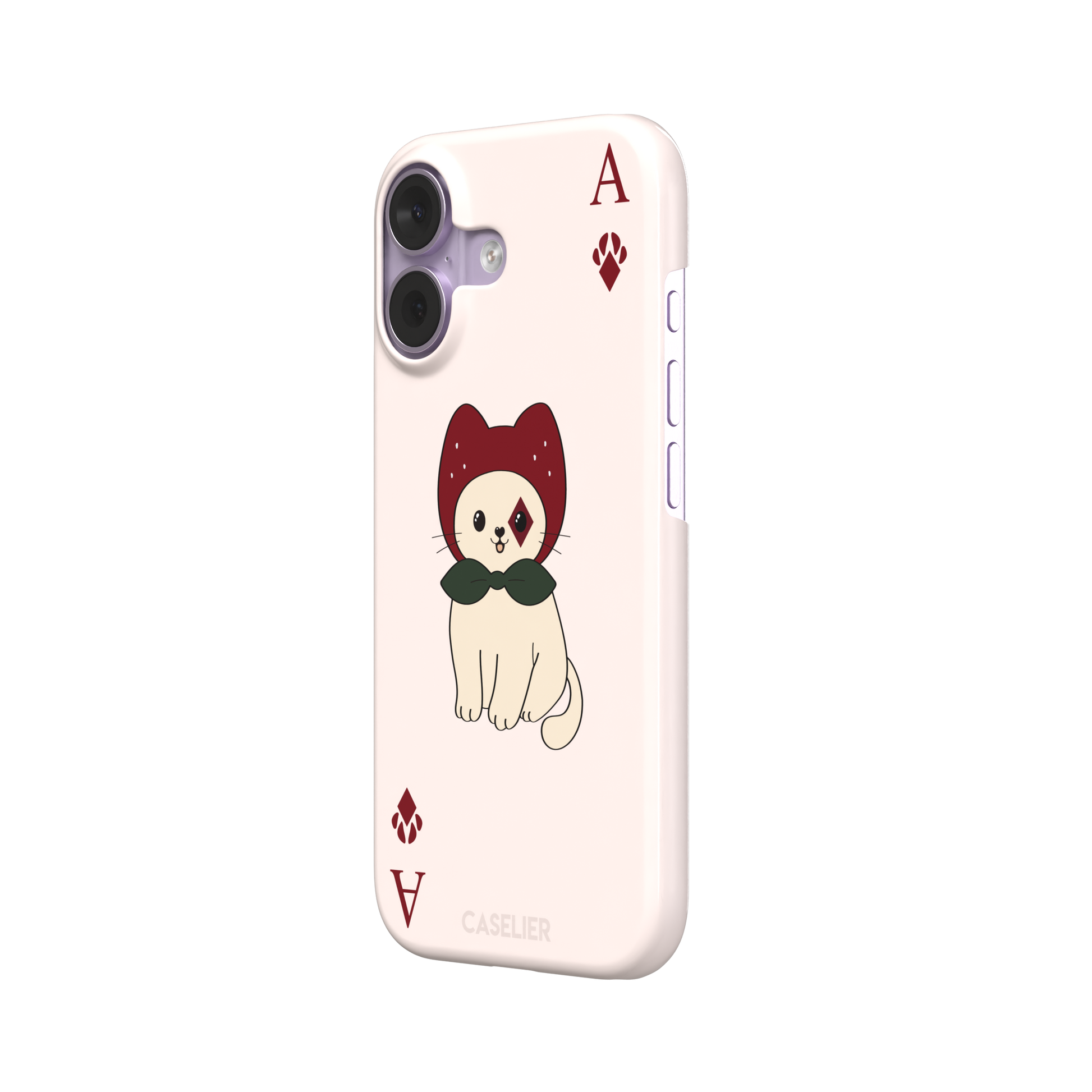 Ace of Diamonds phone case in blush pink with a kawaii cream cat wearing a crimson hood and green bow tie, Ace and paw-print diamond suit symbols at each corner, from the Paw Decks collection — snap case, right view