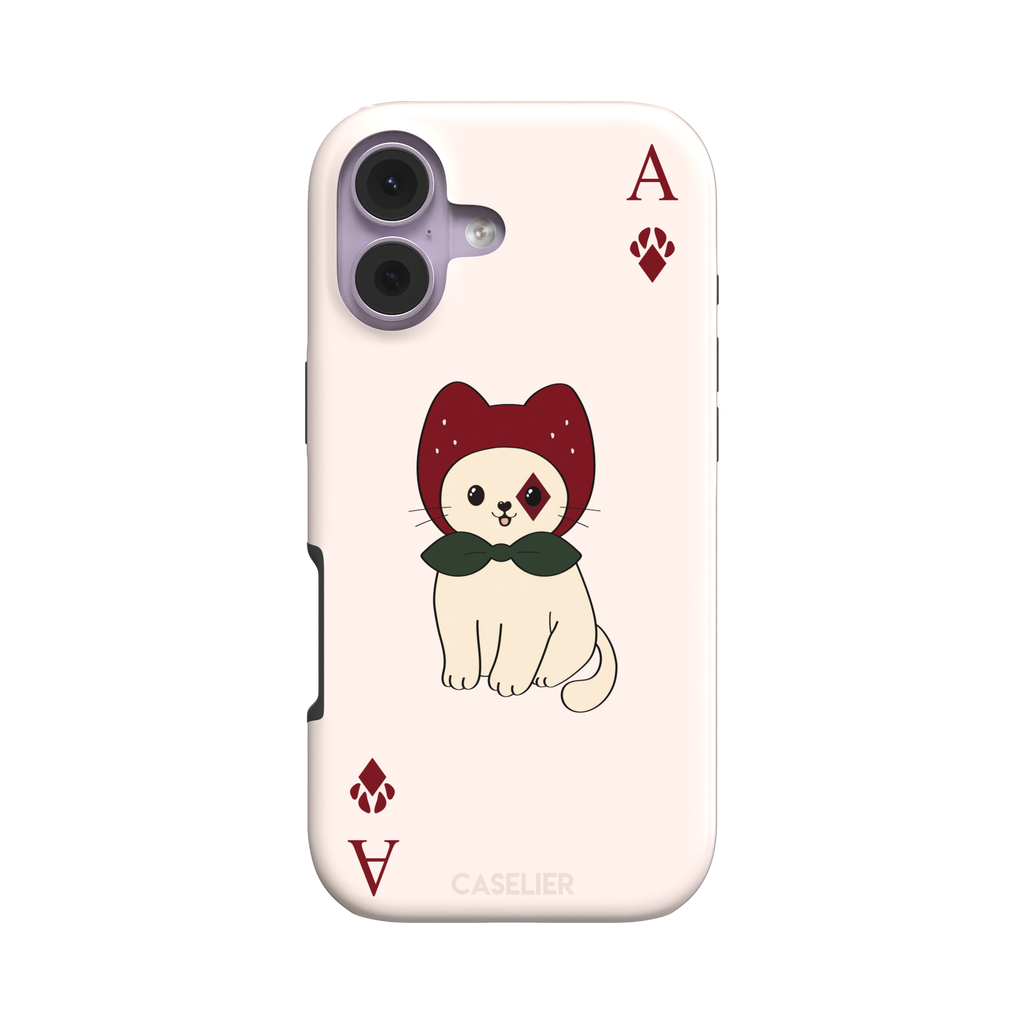 Ace of Diamonds phone case in blush pink with a kawaii cream cat wearing a crimson hood and green bow tie, Ace and paw-print diamond suit symbols at each corner, from the Paw Decks collection — tough case, front view