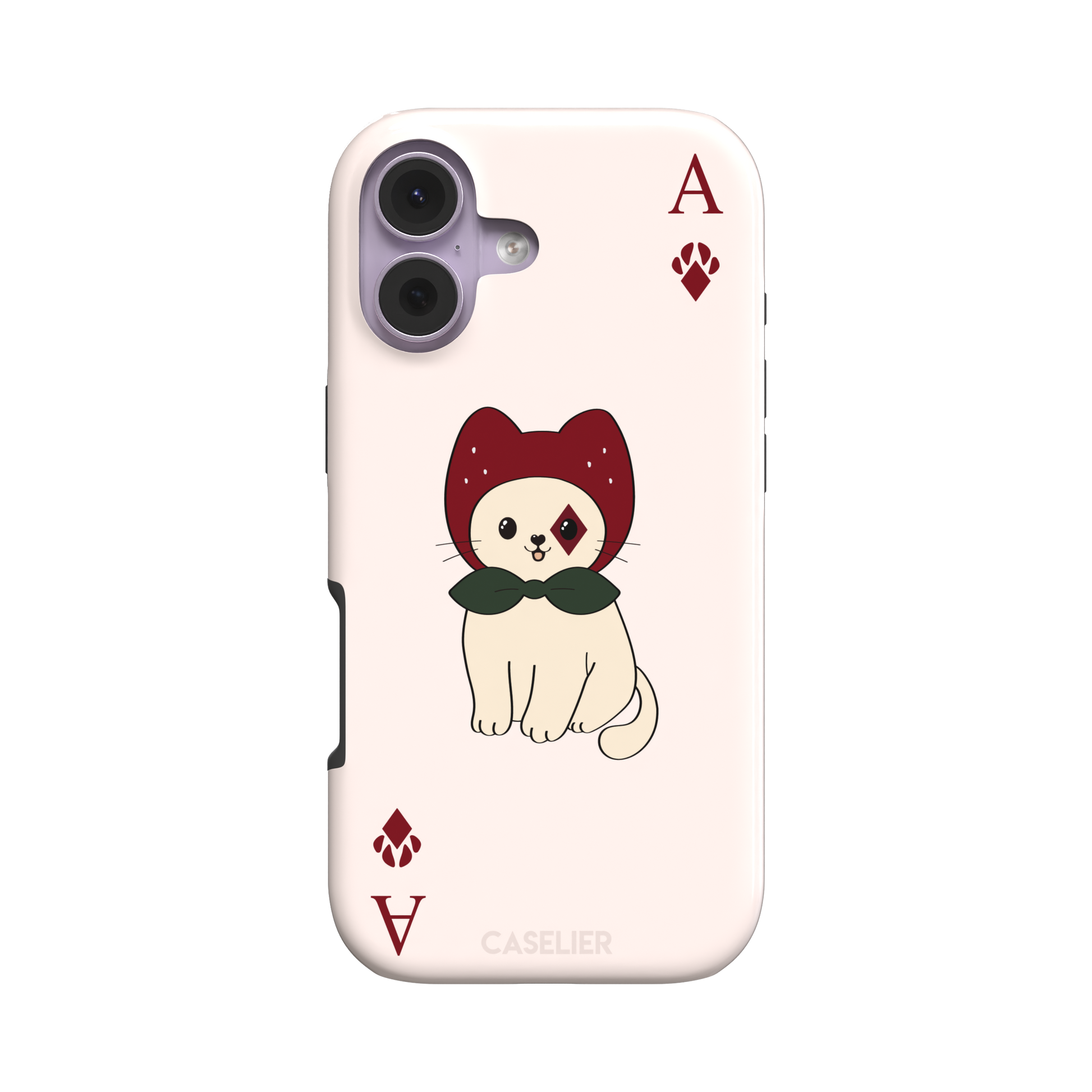 Ace of Diamonds phone case in blush pink with a kawaii cream cat wearing a crimson hood and green bow tie, Ace and paw-print diamond suit symbols at each corner, from the Paw Decks collection — tough case, front view