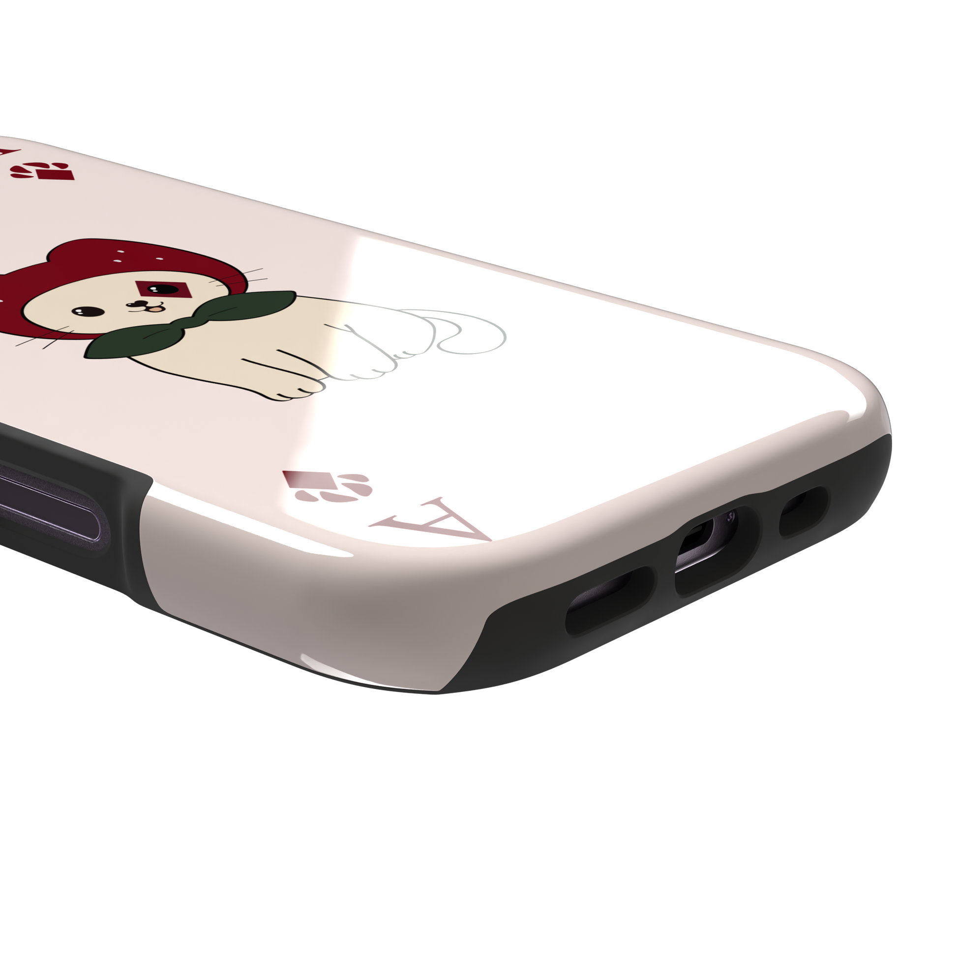 Ace of Diamonds phone case in blush pink with a kawaii cream cat wearing a crimson hood and green bow tie, Ace and paw-print diamond suit symbols at each corner, from the Paw Decks collection — tough case, charging port detail