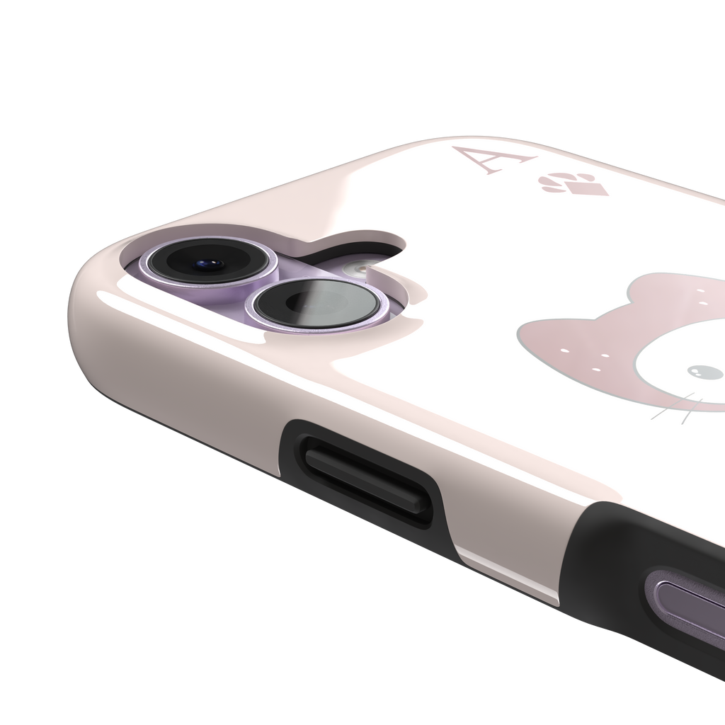 Ace of Diamonds phone case in blush pink with a kawaii cream cat wearing a crimson hood and green bow tie, Ace and paw-print diamond suit symbols at each corner, from the Paw Decks collection — tough case, volume buttons detail