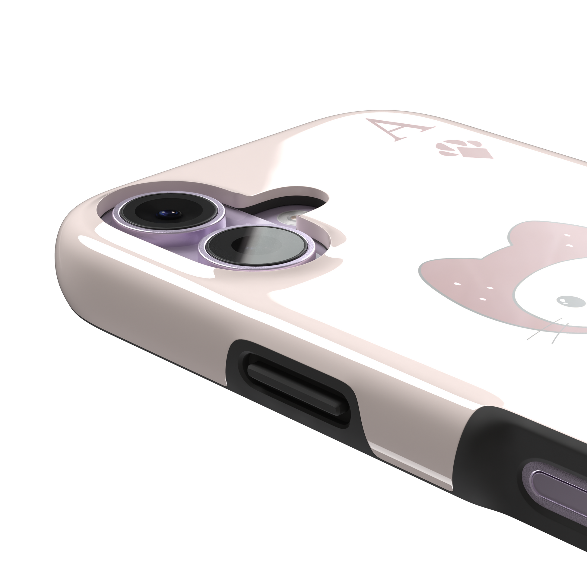 Ace of Diamonds phone case in blush pink with a kawaii cream cat wearing a crimson hood and green bow tie, Ace and paw-print diamond suit symbols at each corner, from the Paw Decks collection — tough case, volume buttons detail