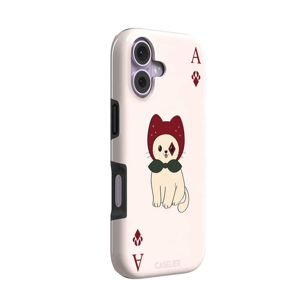 Ace of Diamonds phone case in blush pink with a kawaii cream cat wearing a crimson hood and green bow tie, Ace and paw-print diamond suit symbols at each corner, from the Paw Decks collection — tough case, left view