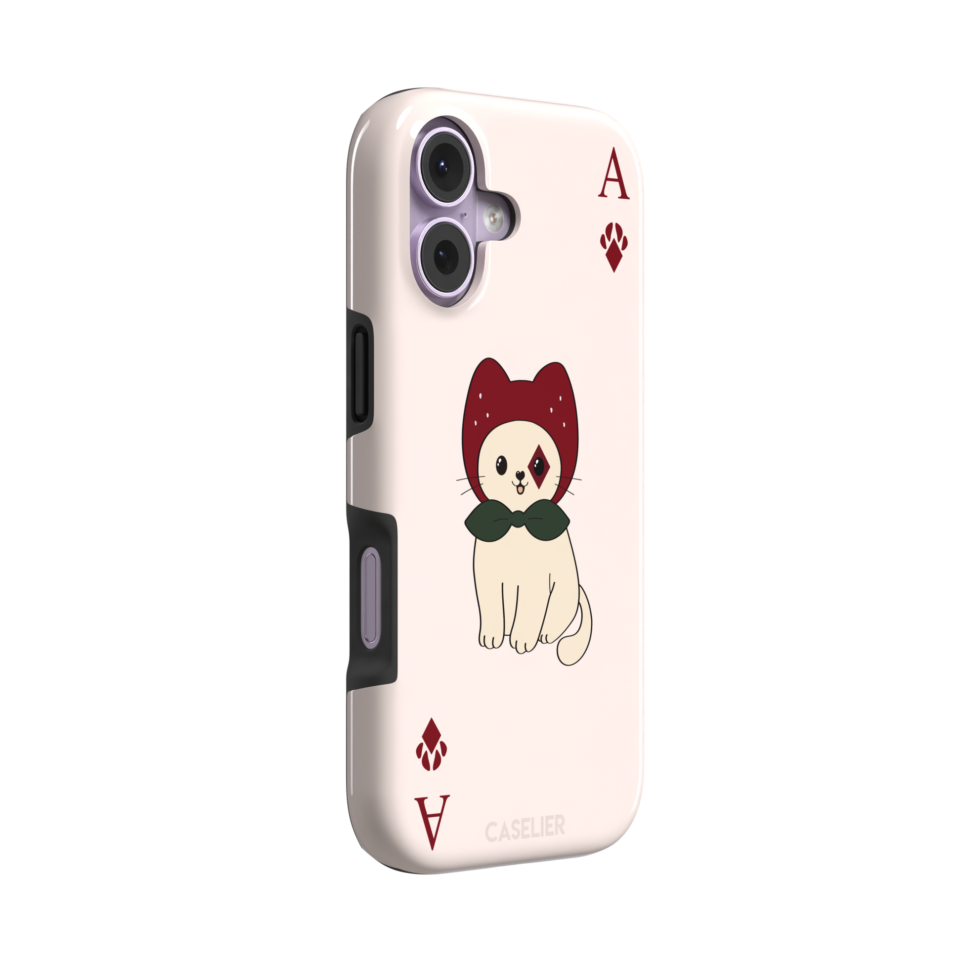 Ace of Diamonds phone case in blush pink with a kawaii cream cat wearing a crimson hood and green bow tie, Ace and paw-print diamond suit symbols at each corner, from the Paw Decks collection — tough case, left view