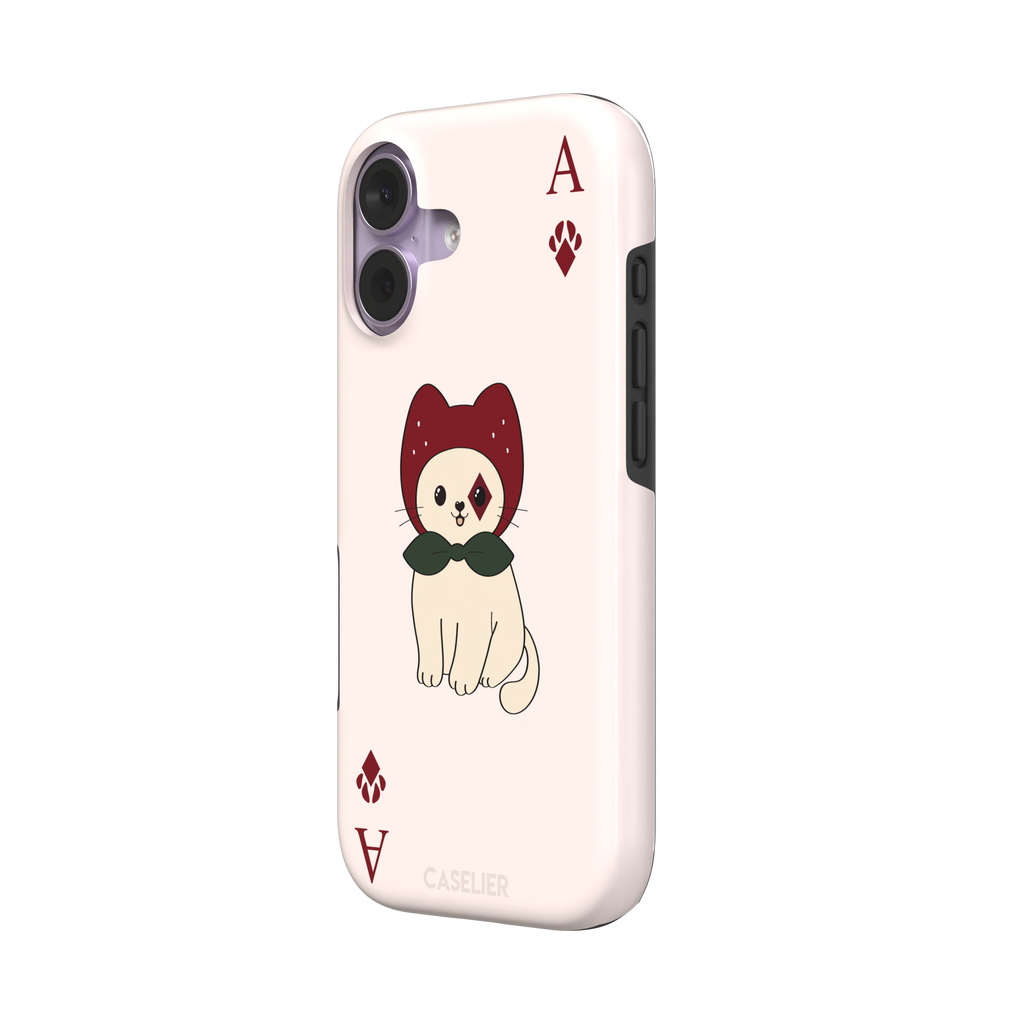 Ace of Diamonds phone case in blush pink with a kawaii cream cat wearing a crimson hood and green bow tie, Ace and paw-print diamond suit symbols at each corner, from the Paw Decks collection — tough case, right view