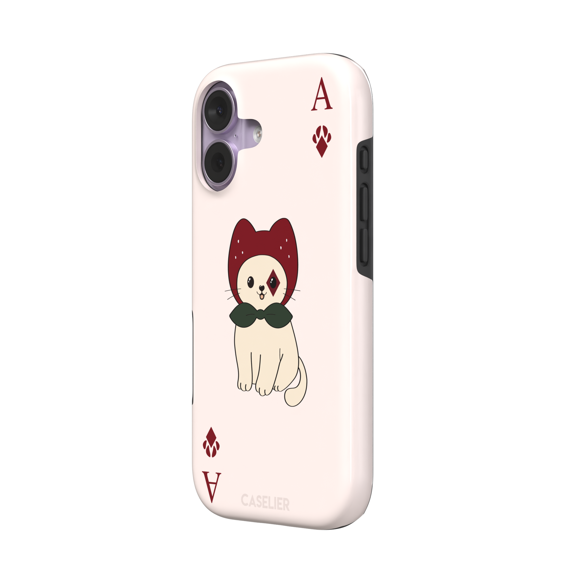 Ace of Diamonds phone case in blush pink with a kawaii cream cat wearing a crimson hood and green bow tie, Ace and paw-print diamond suit symbols at each corner, from the Paw Decks collection — tough case, right view