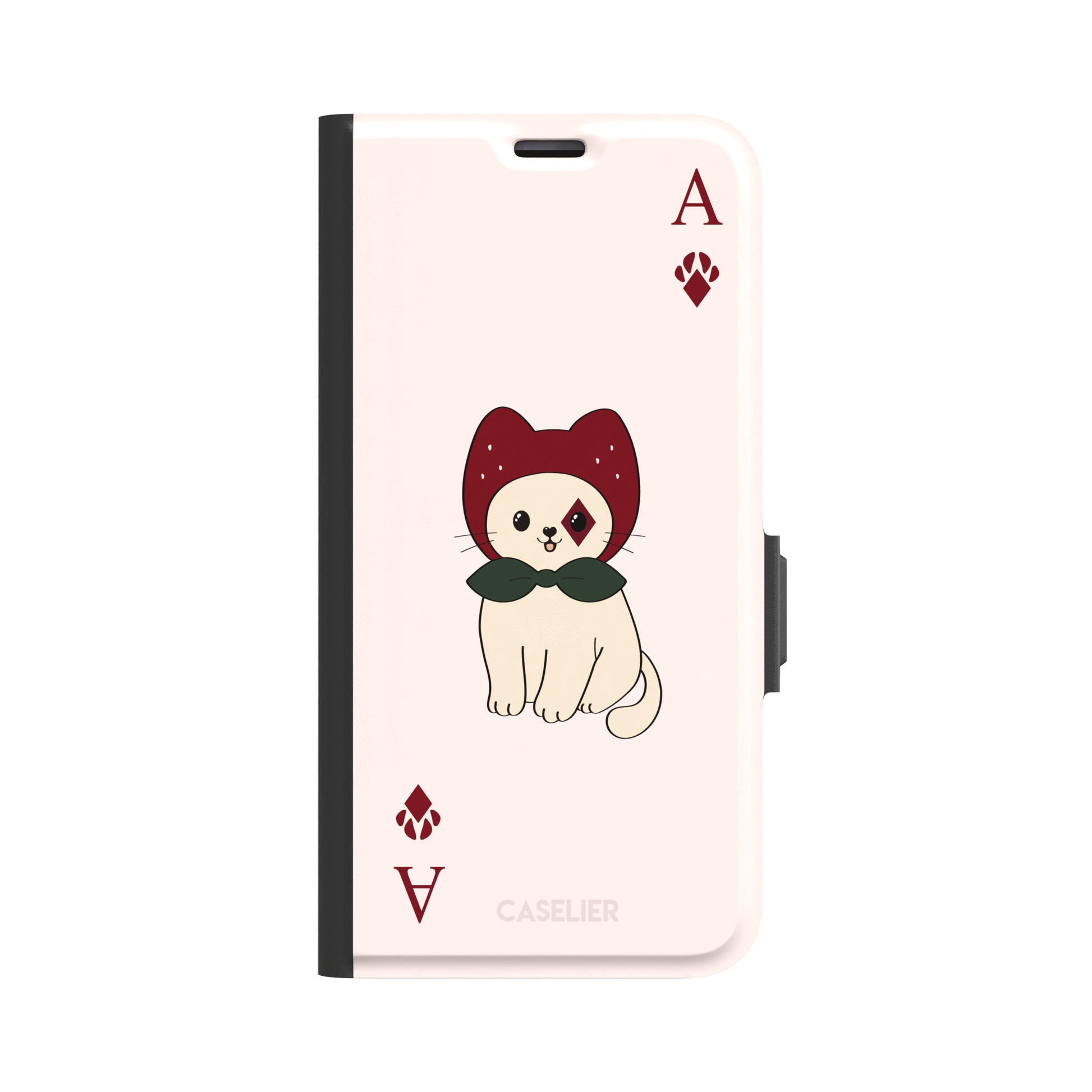 Ace of Diamonds phone case in blush pink with a kawaii cream cat wearing a crimson hood and green bow tie, Ace and paw-print diamond suit symbols at each corner, from the Paw Decks collection — wallet case, front view