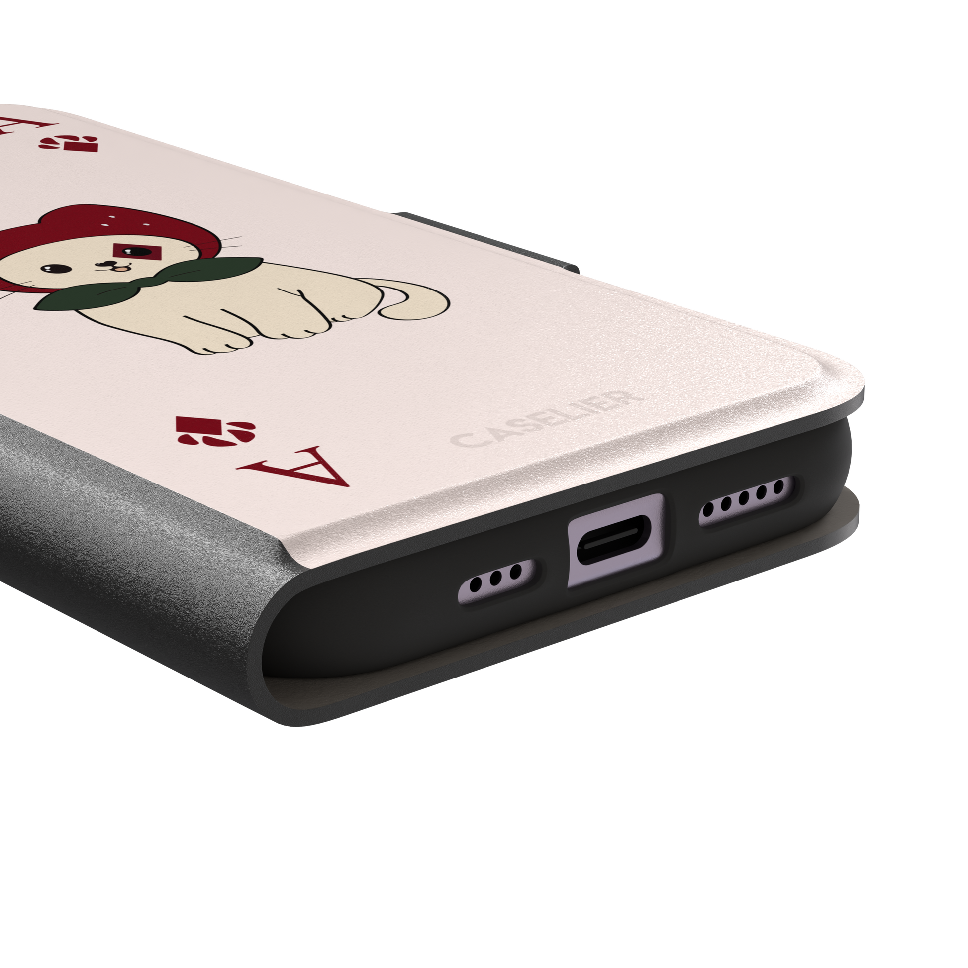 Ace of Diamonds phone case in blush pink with a kawaii cream cat wearing a crimson hood and green bow tie, Ace and paw-print diamond suit symbols at each corner, from the Paw Decks collection — wallet case, charging port detail