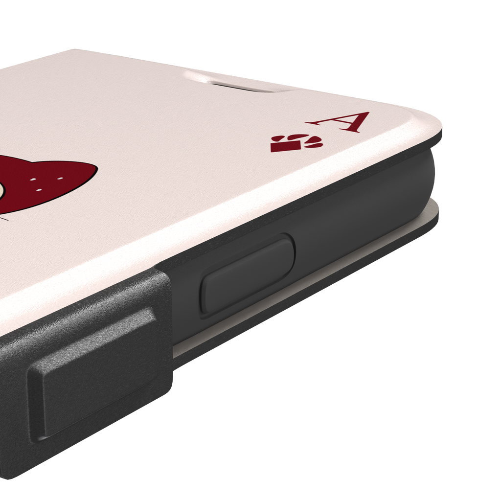 Ace of Diamonds phone case in blush pink with a kawaii cream cat wearing a crimson hood and green bow tie, Ace and paw-print diamond suit symbols at each corner, from the Paw Decks collection — wallet case, volume buttons detail