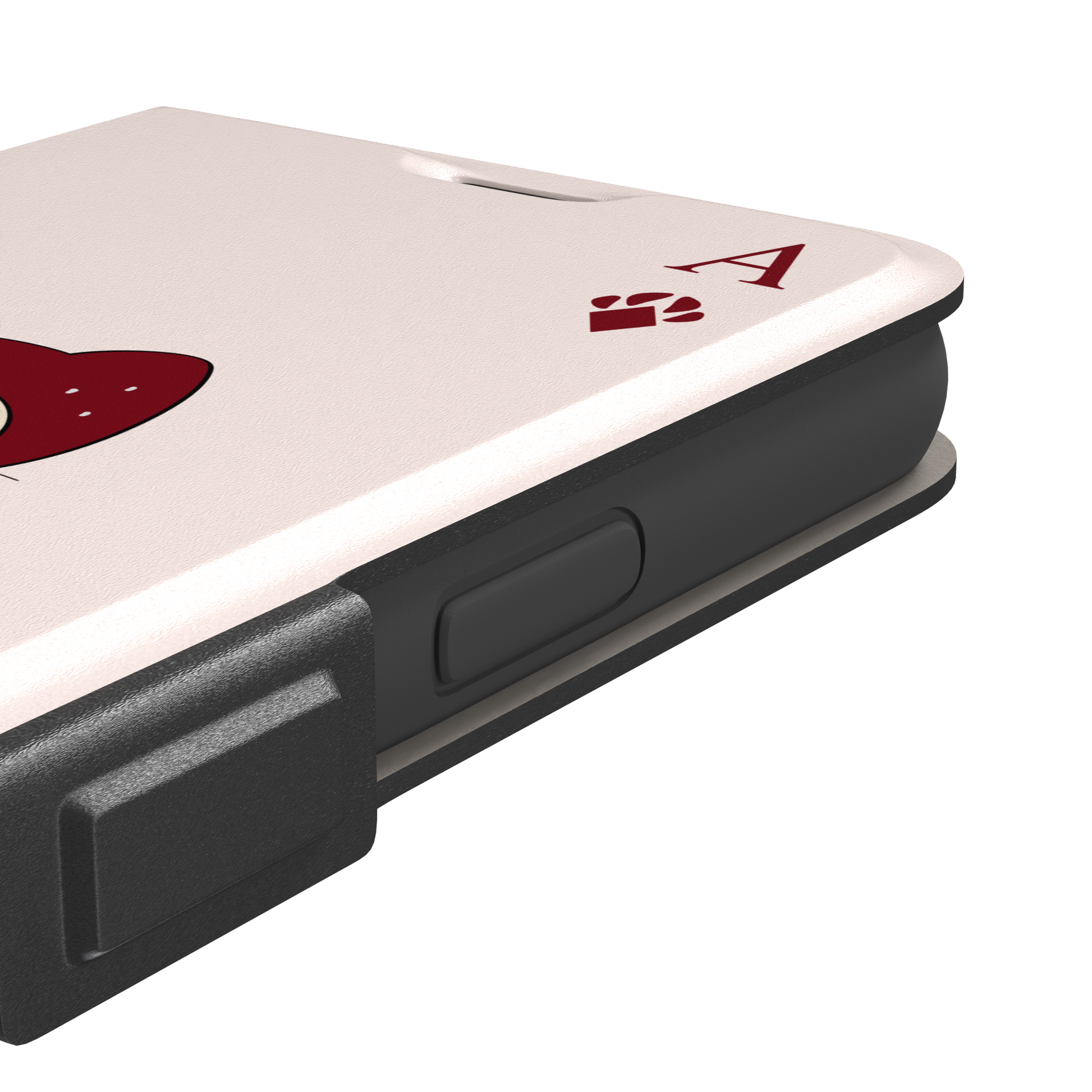 Ace of Diamonds phone case in blush pink with a kawaii cream cat wearing a crimson hood and green bow tie, Ace and paw-print diamond suit symbols at each corner, from the Paw Decks collection — wallet case, volume buttons detail