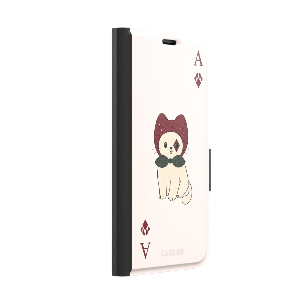 Ace of Diamonds phone case in blush pink with a kawaii cream cat wearing a crimson hood and green bow tie, Ace and paw-print diamond suit symbols at each corner, from the Paw Decks collection — wallet case, left view