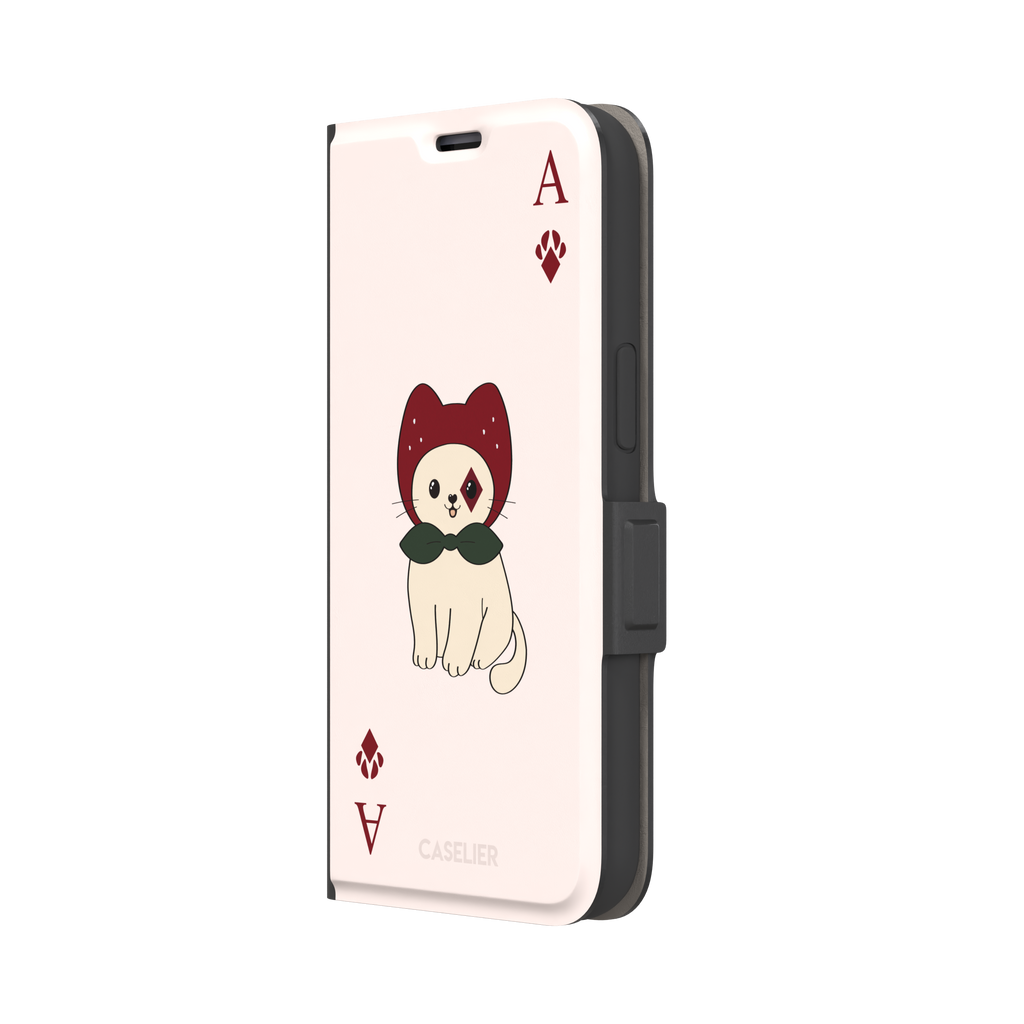 Ace of Diamonds phone case in blush pink with a kawaii cream cat wearing a crimson hood and green bow tie, Ace and paw-print diamond suit symbols at each corner, from the Paw Decks collection — wallet case, right view