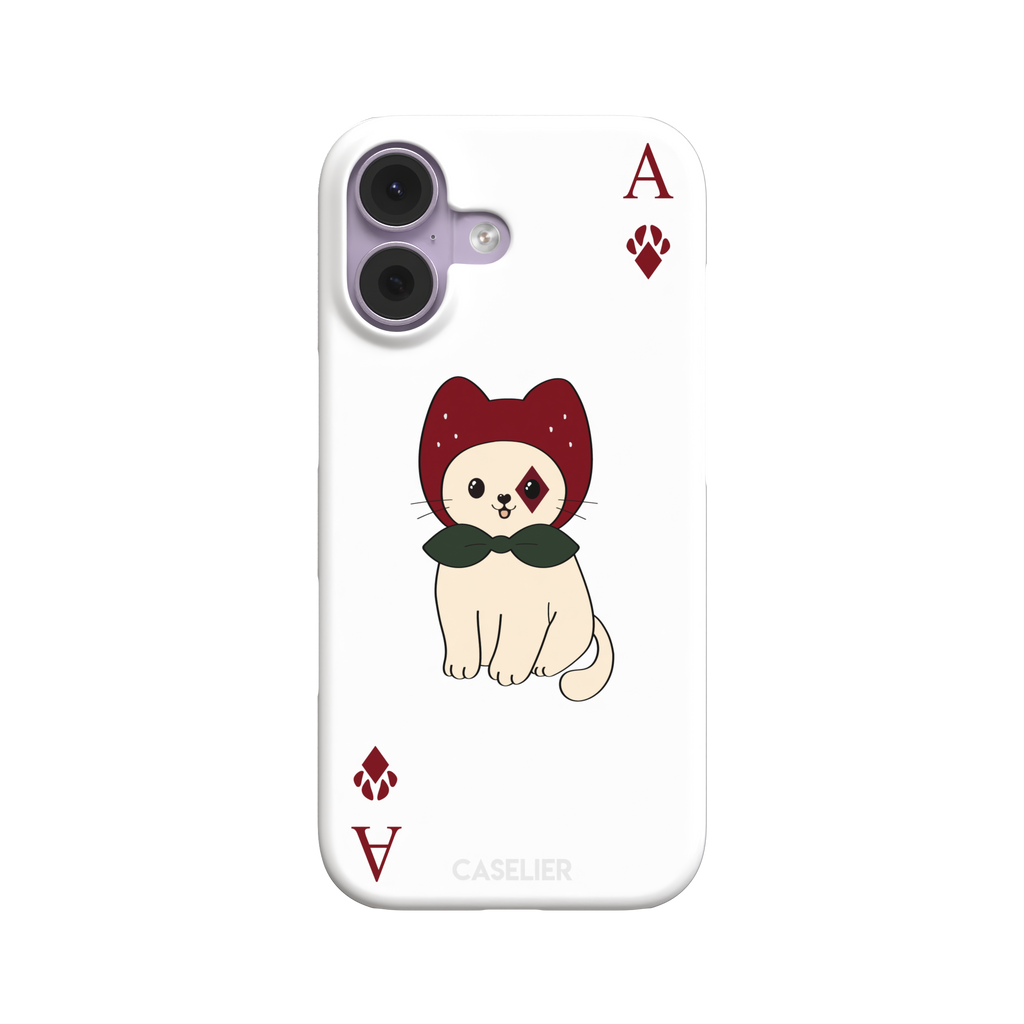 Ace of Diamonds phone case in white with a kawaii cream cat wearing a crimson hood and green bow tie, Ace and paw-print diamond suit symbols at each corner, white colorway variant from the Paw Decks collection — snap case, front view