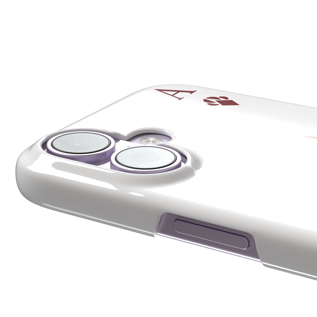 Ace of Diamonds phone case in white with a kawaii cream cat wearing a crimson hood and green bow tie, Ace and paw-print diamond suit symbols at each corner, white colorway variant from the Paw Decks collection — snap case, volume buttons detail