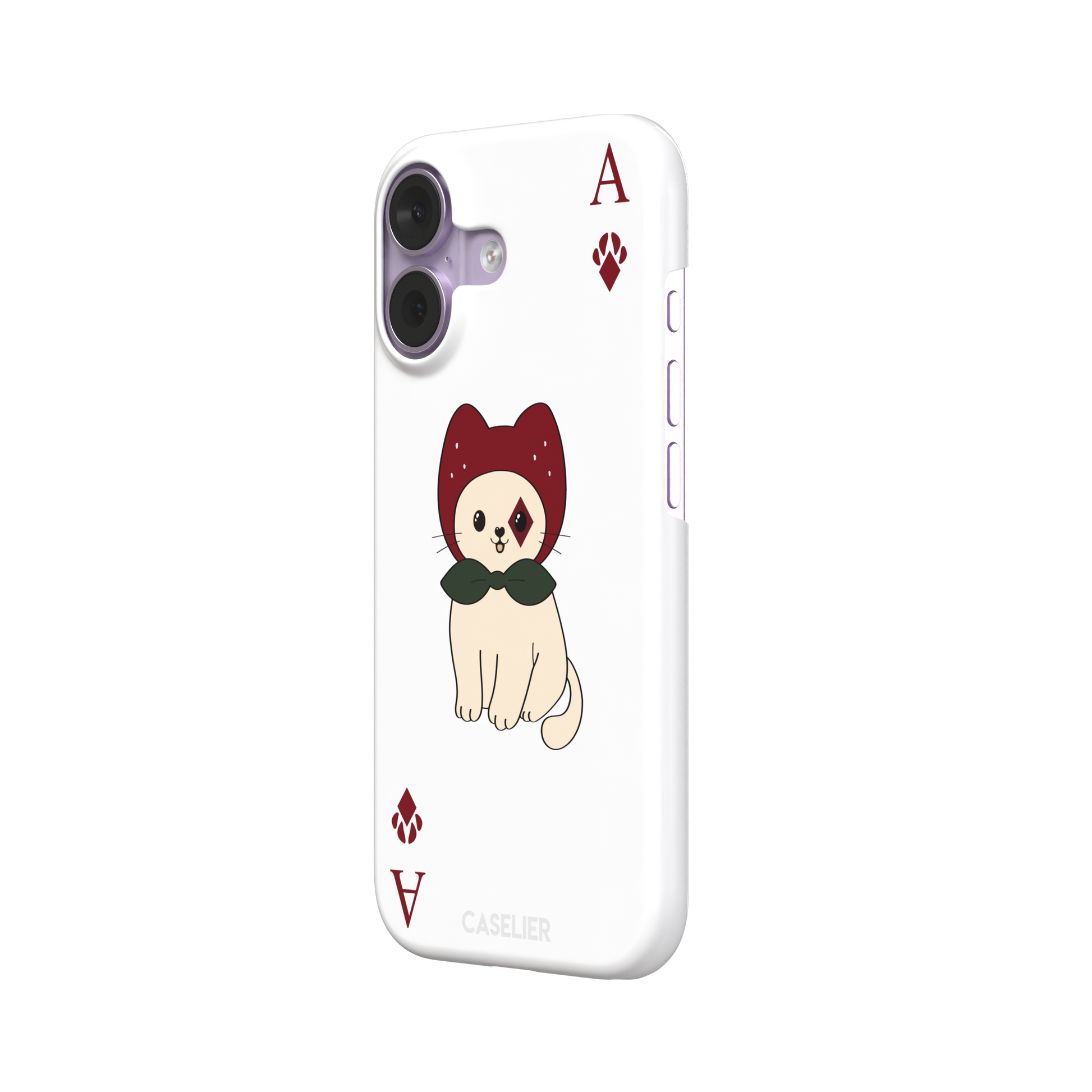 Ace of Diamonds phone case in white with a kawaii cream cat wearing a crimson hood and green bow tie, Ace and paw-print diamond suit symbols at each corner, white colorway variant from the Paw Decks collection — snap case, right view