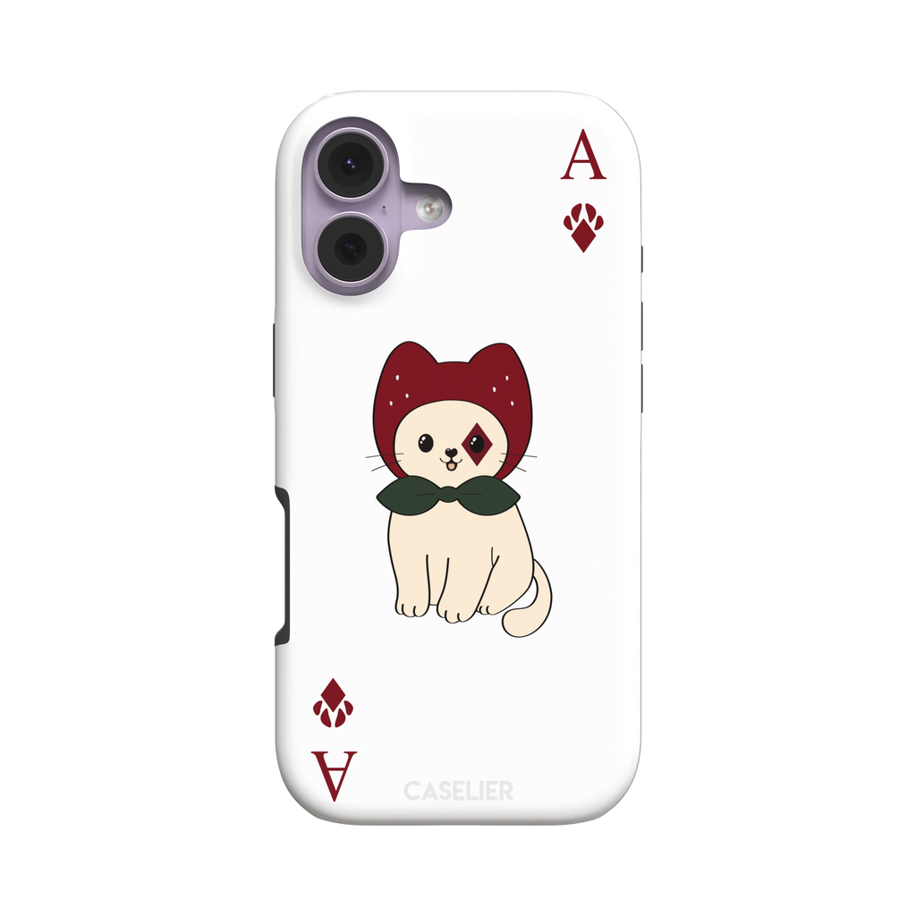 Ace of Diamonds phone case in white with a kawaii cream cat wearing a crimson hood and green bow tie, Ace and paw-print diamond suit symbols at each corner, white colorway variant from the Paw Decks collection — tough case, front view