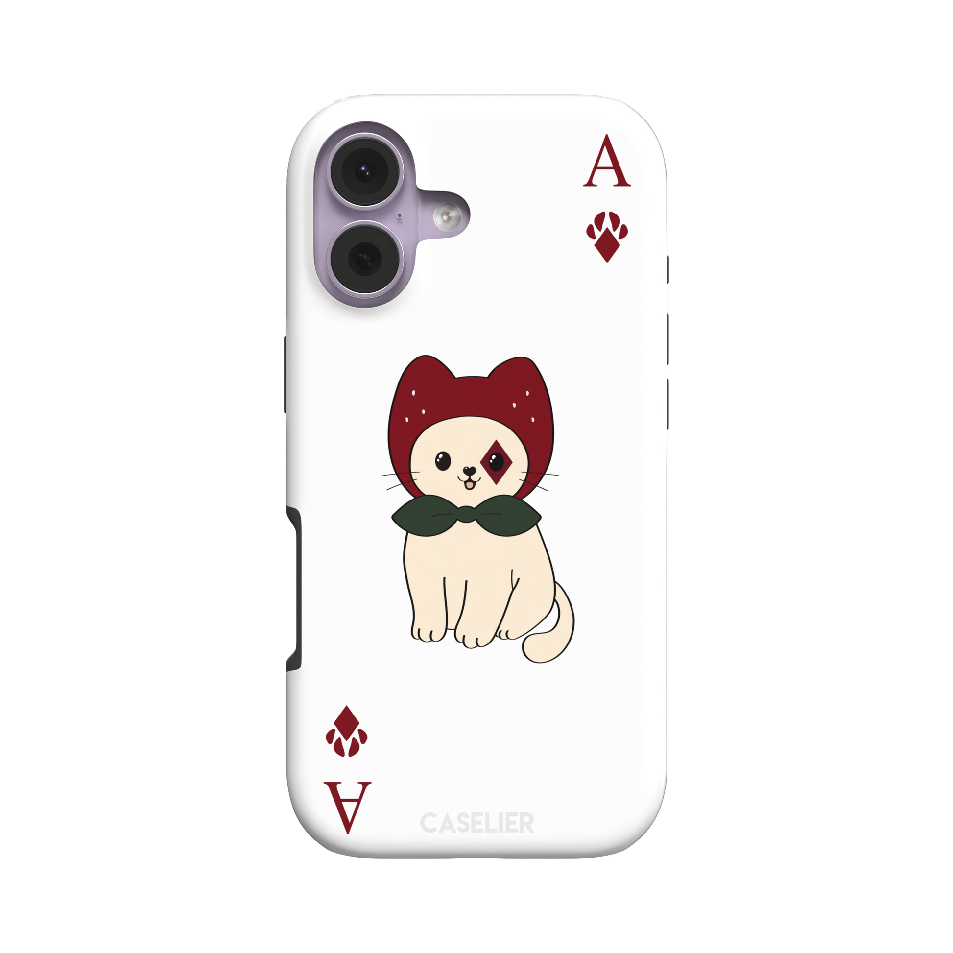 Ace of Diamonds phone case in white with a kawaii cream cat wearing a crimson hood and green bow tie, Ace and paw-print diamond suit symbols at each corner, white colorway variant from the Paw Decks collection — tough case, front view