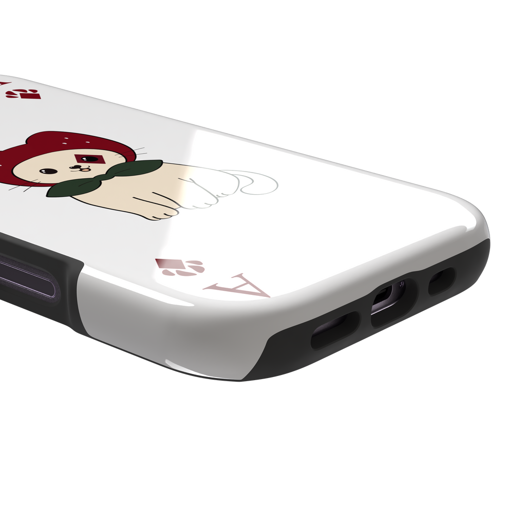 Ace of Diamonds phone case in white with a kawaii cream cat wearing a crimson hood and green bow tie, Ace and paw-print diamond suit symbols at each corner, white colorway variant from the Paw Decks collection — tough case, charging port detail