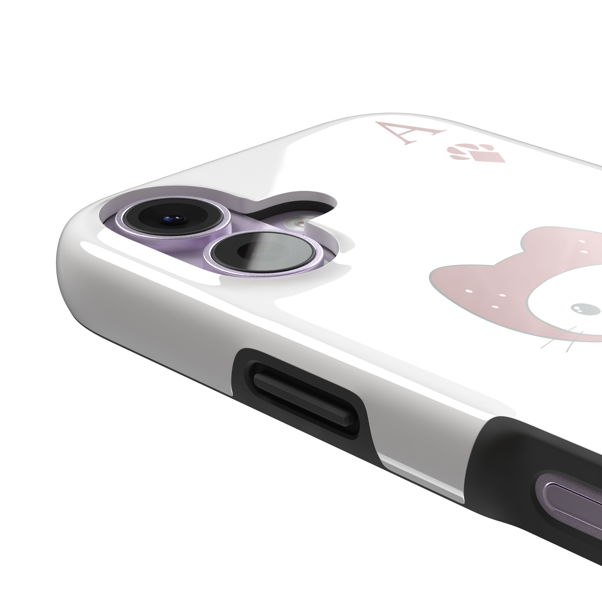 Ace of Diamonds phone case in white with a kawaii cream cat wearing a crimson hood and green bow tie, Ace and paw-print diamond suit symbols at each corner, white colorway variant from the Paw Decks collection — tough case, volume buttons detail