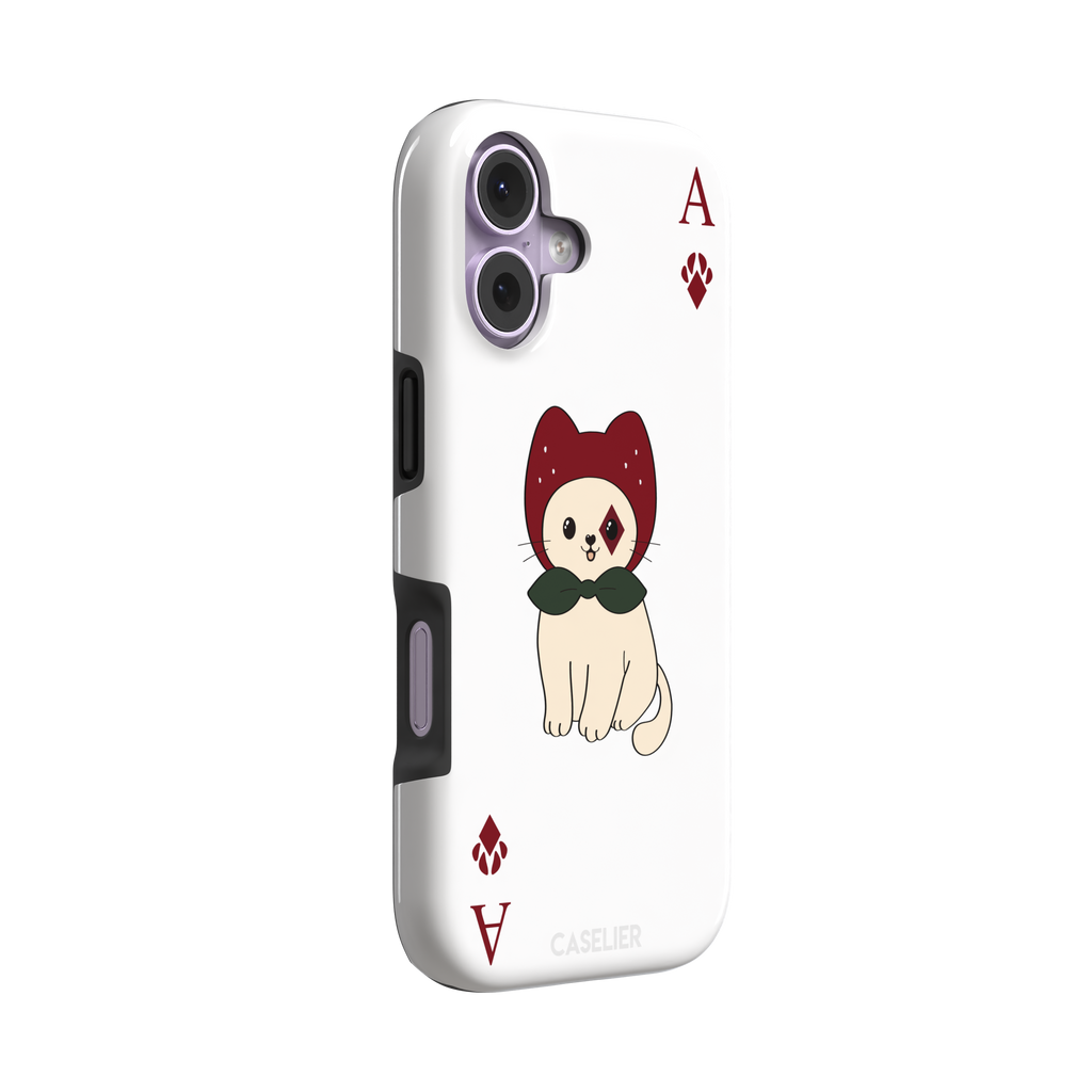 Ace of Diamonds phone case in white with a kawaii cream cat wearing a crimson hood and green bow tie, Ace and paw-print diamond suit symbols at each corner, white colorway variant from the Paw Decks collection — tough case, left view