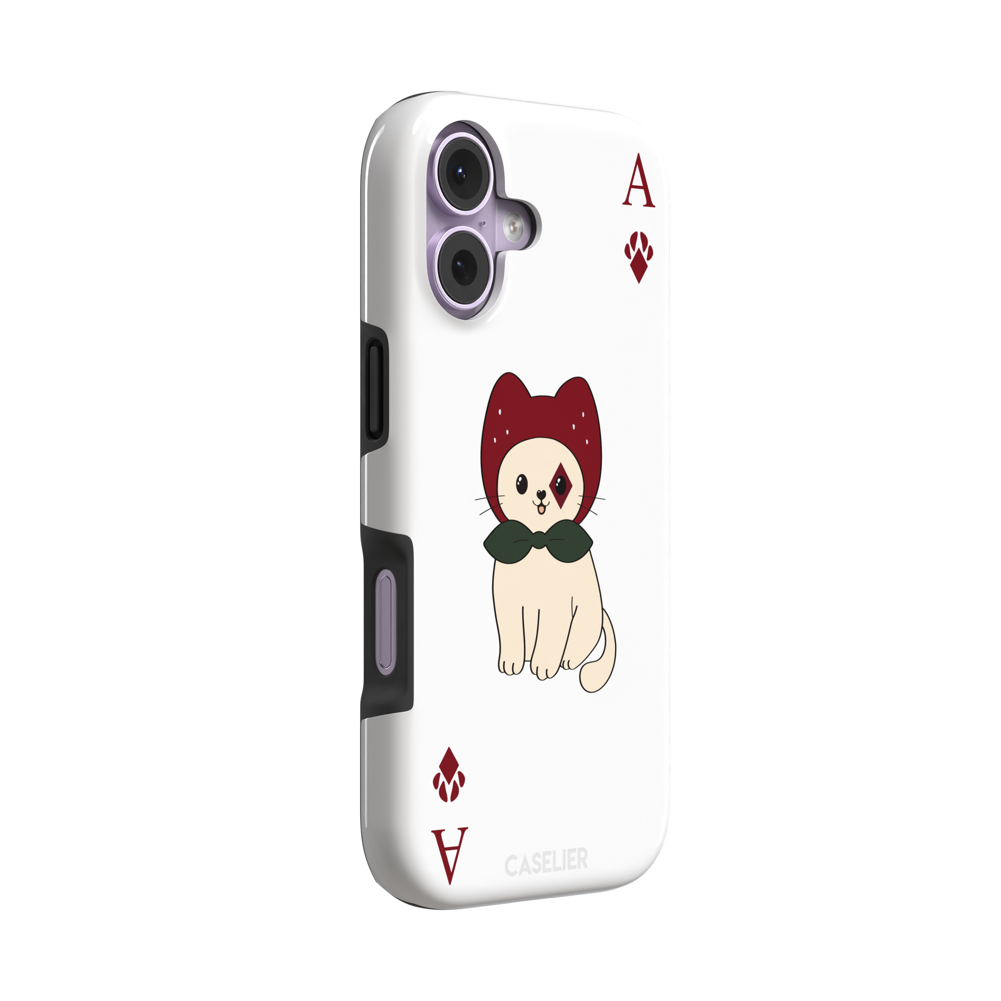 Ace of Diamonds phone case in white with a kawaii cream cat wearing a crimson hood and green bow tie, Ace and paw-print diamond suit symbols at each corner, white colorway variant from the Paw Decks collection — tough case, left view