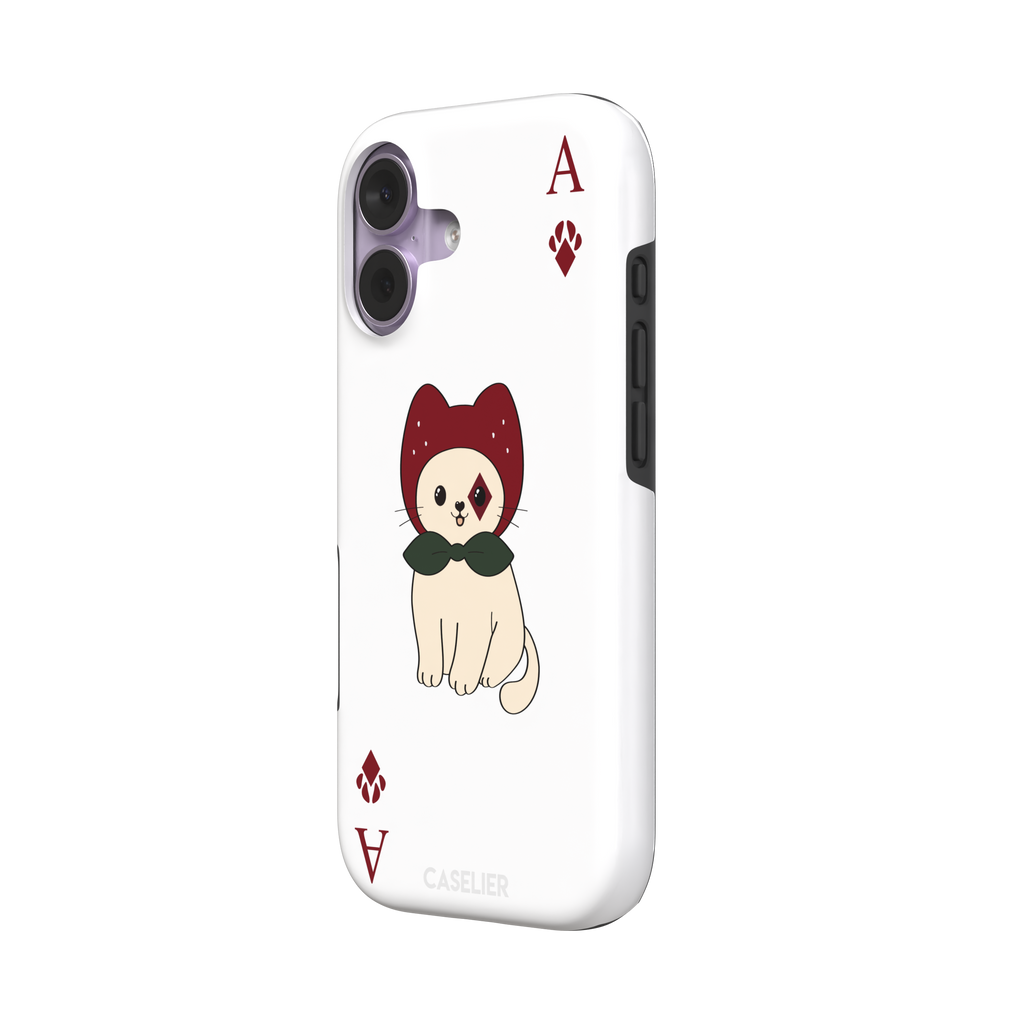 Ace of Diamonds phone case in white with a kawaii cream cat wearing a crimson hood and green bow tie, Ace and paw-print diamond suit symbols at each corner, white colorway variant from the Paw Decks collection — tough case, right view